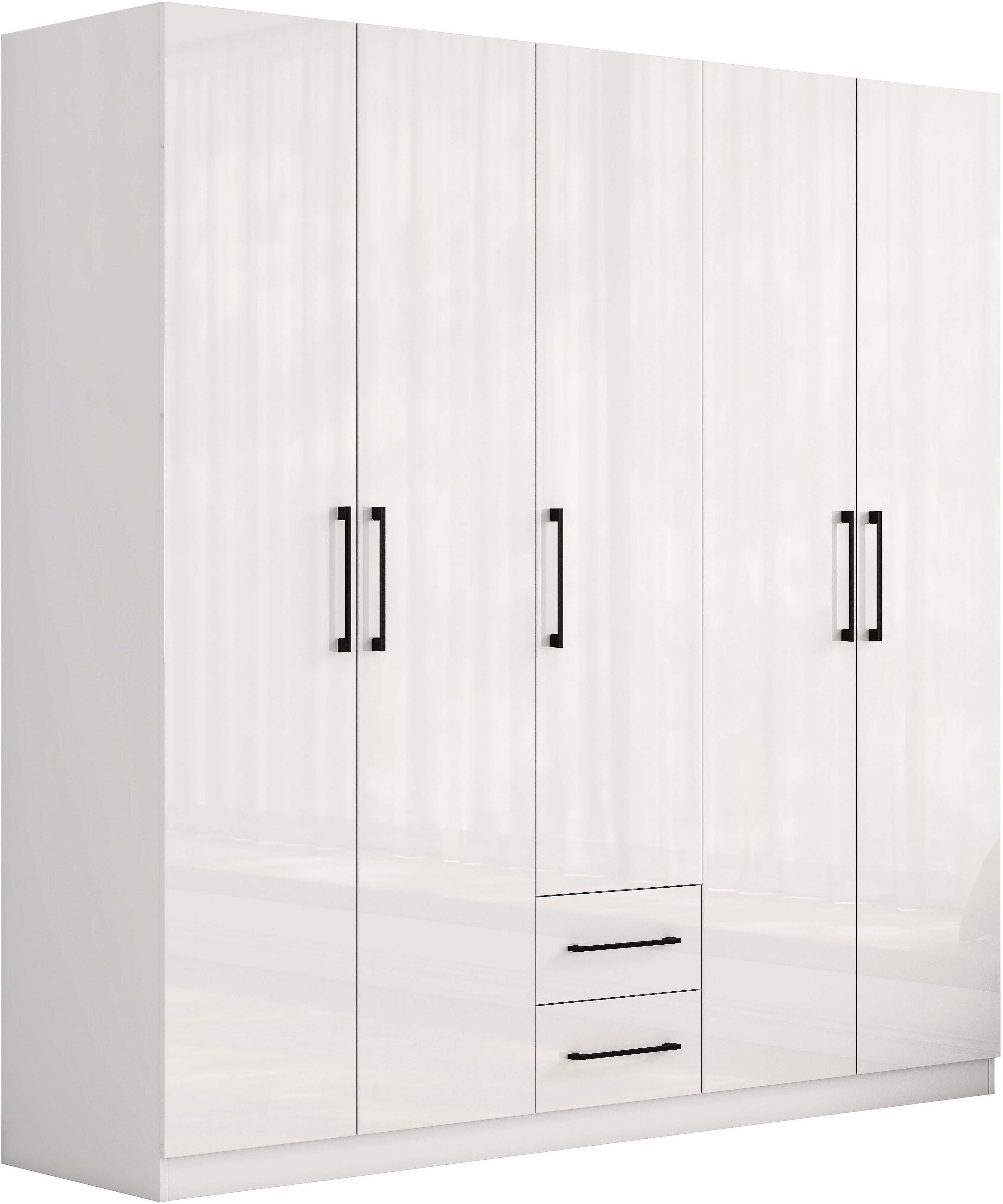 OTTO home Kleiderschrank Sylt Schlafzimmerschrank Garderobe Schrank in hochglanz weiß (5 Türen, 2 Schubladen, schwarze moderne Griffe, 7 Einlegeböden) Drehtürenschrank mit perfekter Innenausstattung, Breite 200cm