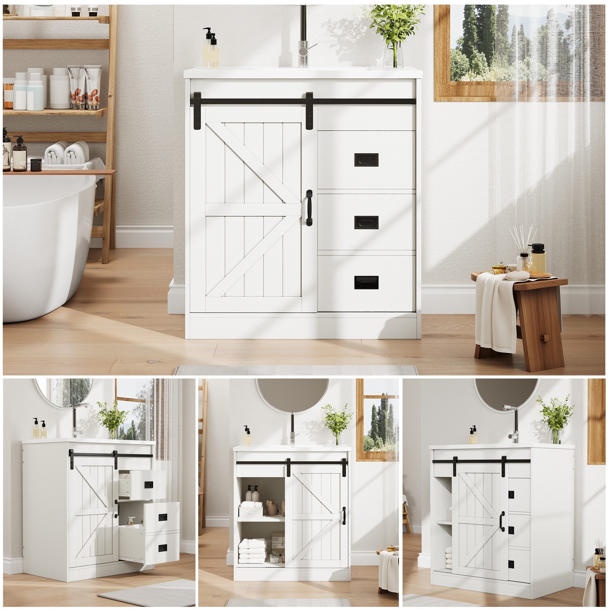 Flieks Waschtisch mit 2 Schubladen und Schiebetüren in Scheunentor-Design (B76/T47,5/H87,5 cm, 1-St., bodenstehend, Badzimmerschrank & Keramikbecken), Waschbeckenunterschrank inkl. Waschbecken Badmöbel-Set Weiß