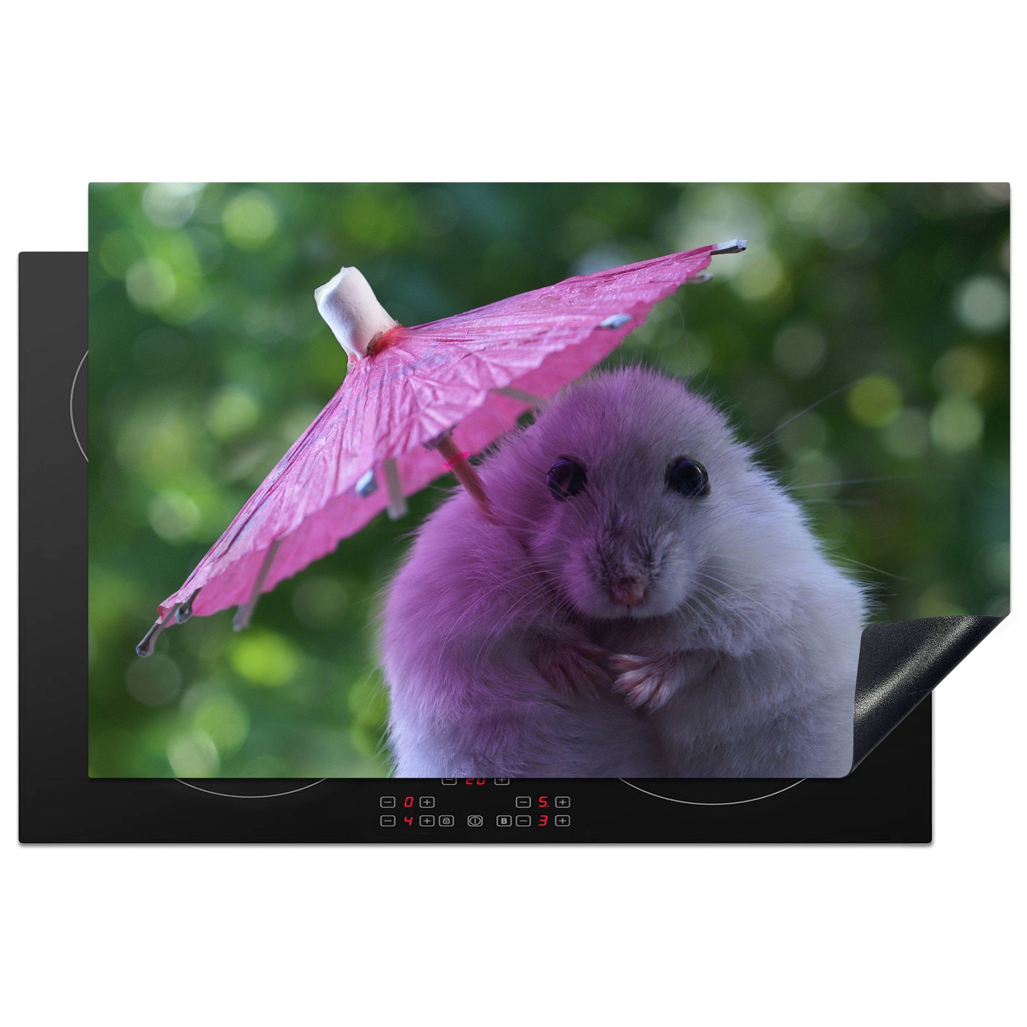 MuchoWow Herdblende-/Abdeckplatte Hamster mit rosa Sonnenschirm, Vinyl, (1 tlg), 81x52 cm, Induktionskochfeld Schutz für die küche, Ceranfeldabdeckung