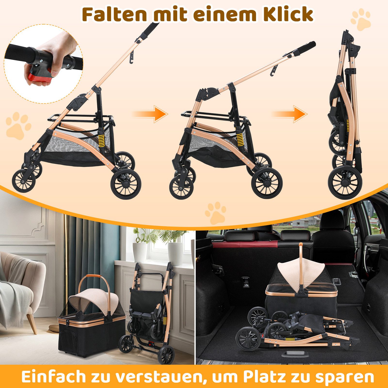 TLGREEN Hundebuggy klappbar, Leichtes Aluminium Gestell und atmungsaktives Mesh, (Hundewagen, Stoßfest & platzsparend für kleine Hunde/Katzen), Ideal für Reisen, Spaziergänge und Tierarztbesuche