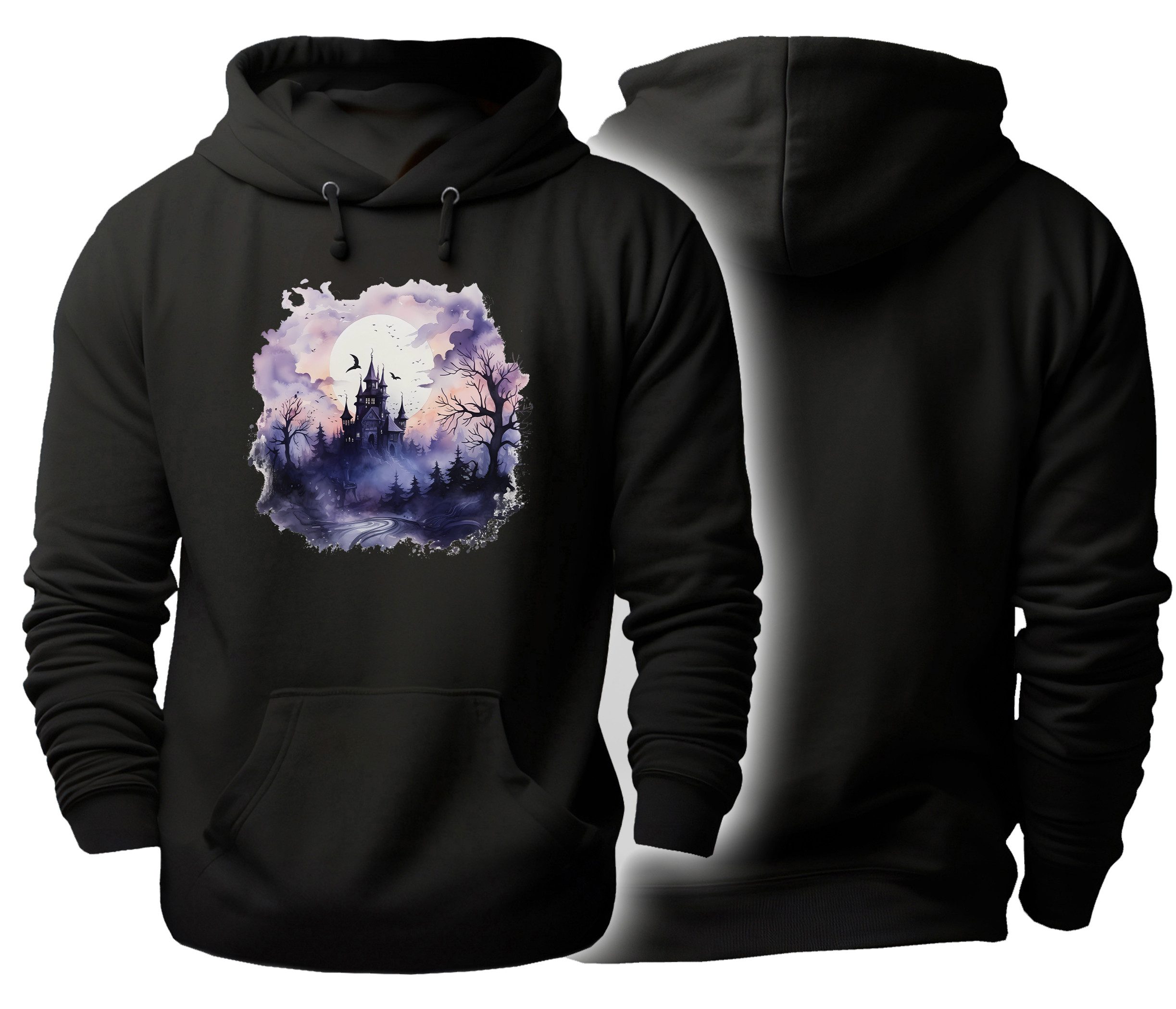MyDesign24 Hoodie Halloween Kapuzen Pullover - Mystisches Schloss Herren und Damen Kapuzensweater - Halloween Hoodie i409
