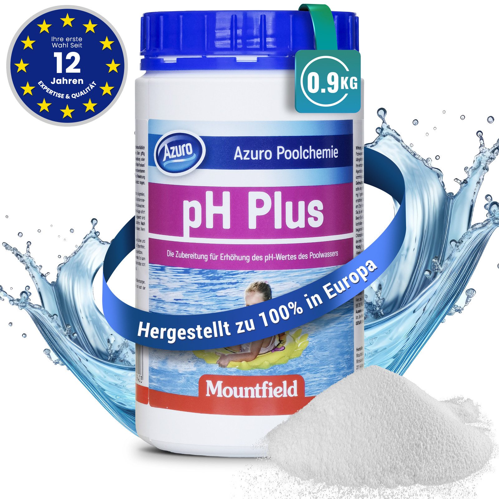 Azuro Poolpflege PH Plus Whirlpool & Pool pH Up Heber für klares Wasser, Hochwirksam & leicht löslich pH + Made in Europe – 0,9 kg / 4 kg