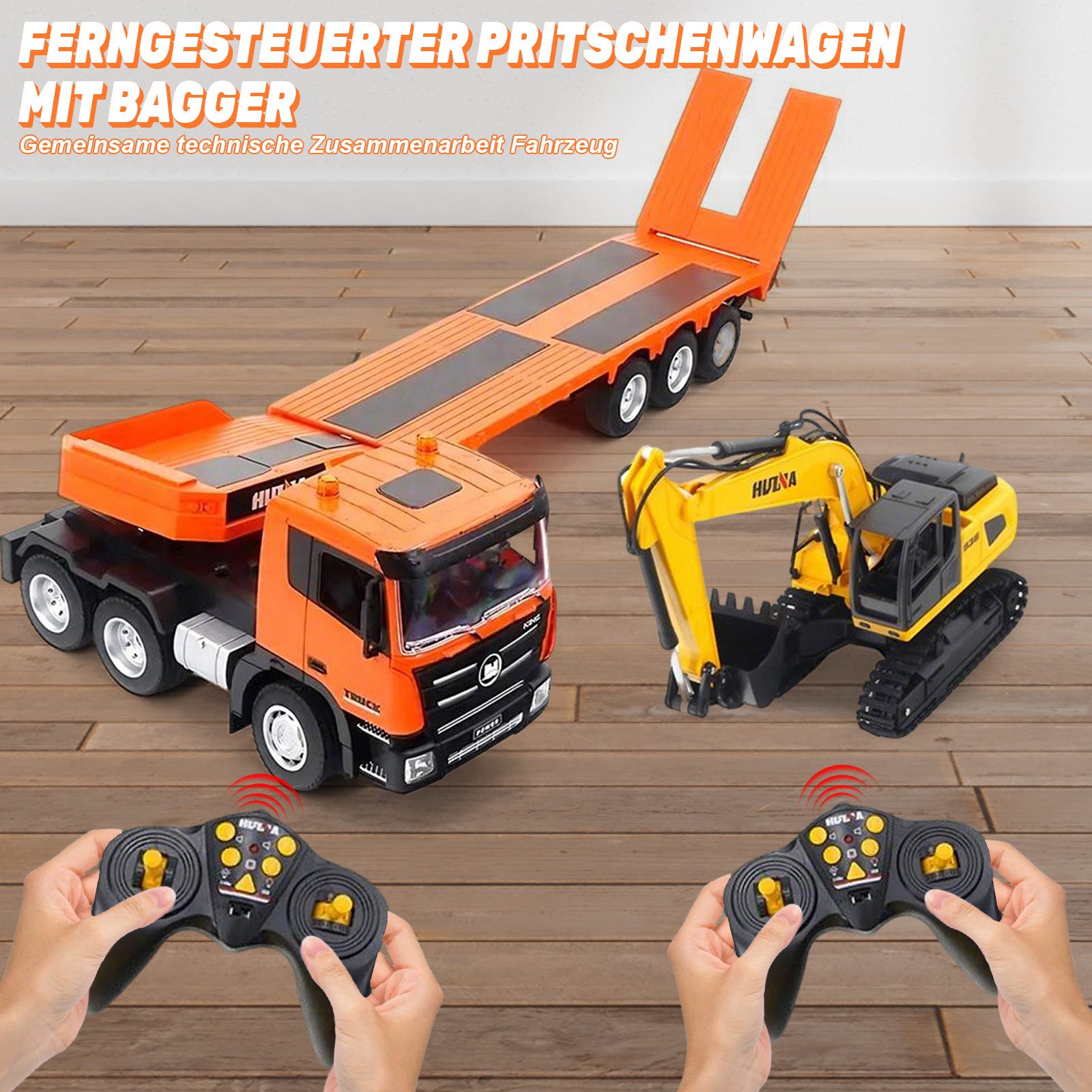 Esun RC Truck and RC Excavator Toy, 2.4GHz Remote Controlled Flatbed Truck (SET, Complete Set), 1:18 Remote Controlled Excavator with Sound and Lights
