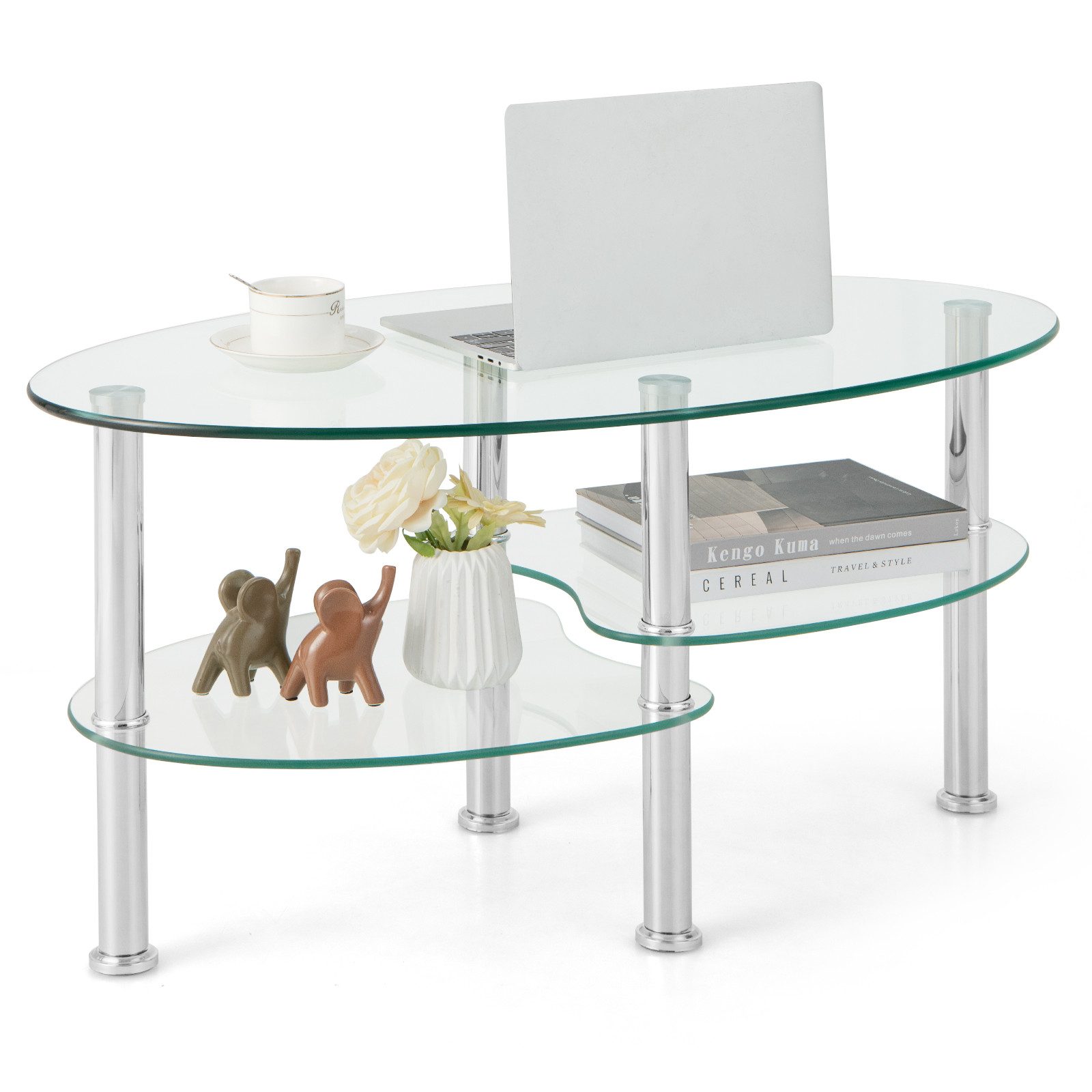 COSTWAY Couchtisch, Glastisch oval Wohnzimmertisch mit Stauraum 89x50x45cm