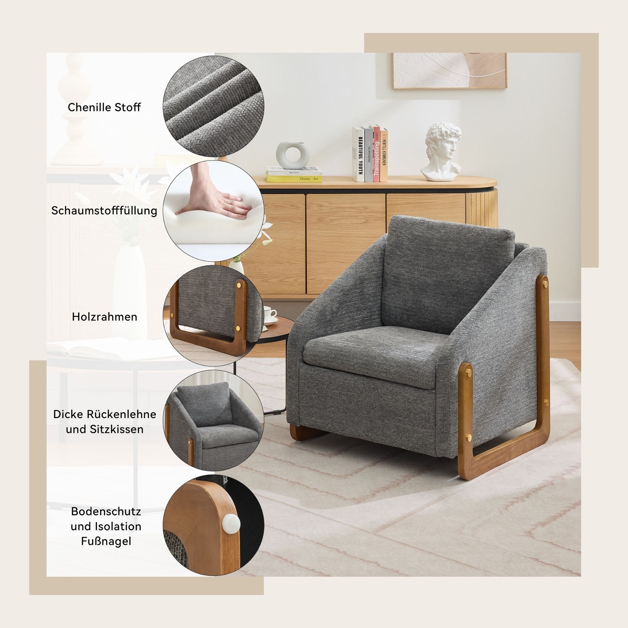SeedWave Sessel mit Weicher Premium-Chenille-Stoff, Platzsparendes modernes Design, Ergonomische Rückenlehne und geneigte Armlehnen, Stabile Holzbeine