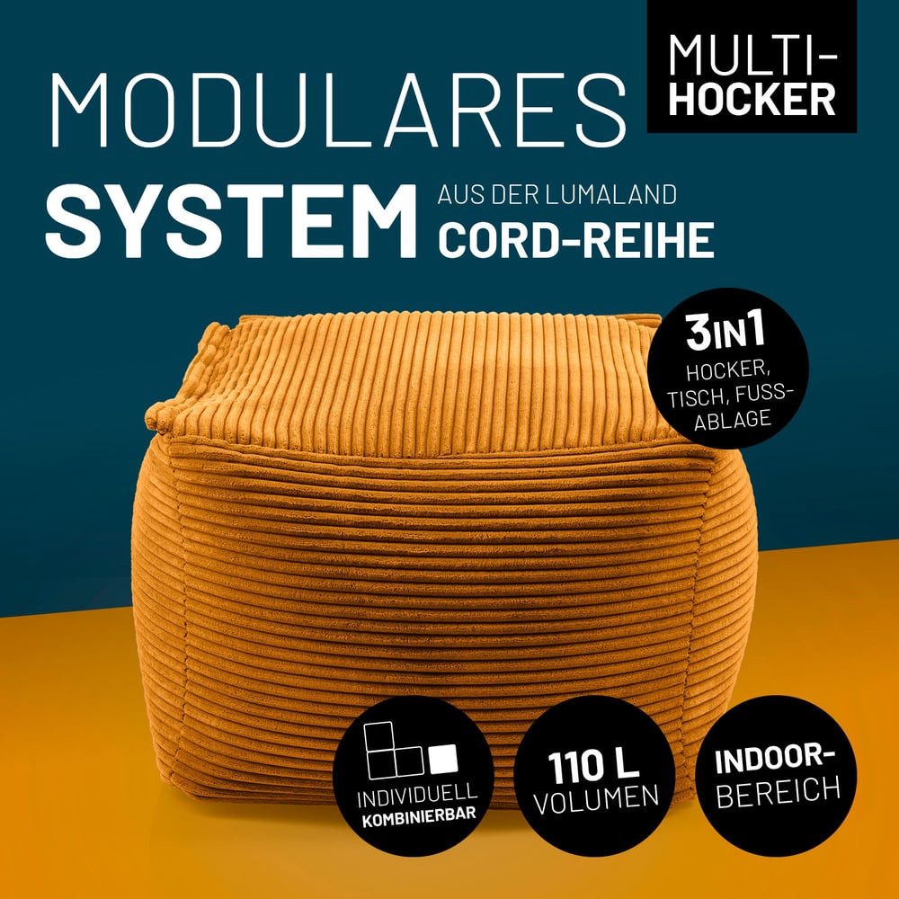 Lumaland Sitzsack Hocker Modular Cord 54x54x40cm senfgelb, Sessel abnehmbar günstig online kaufen