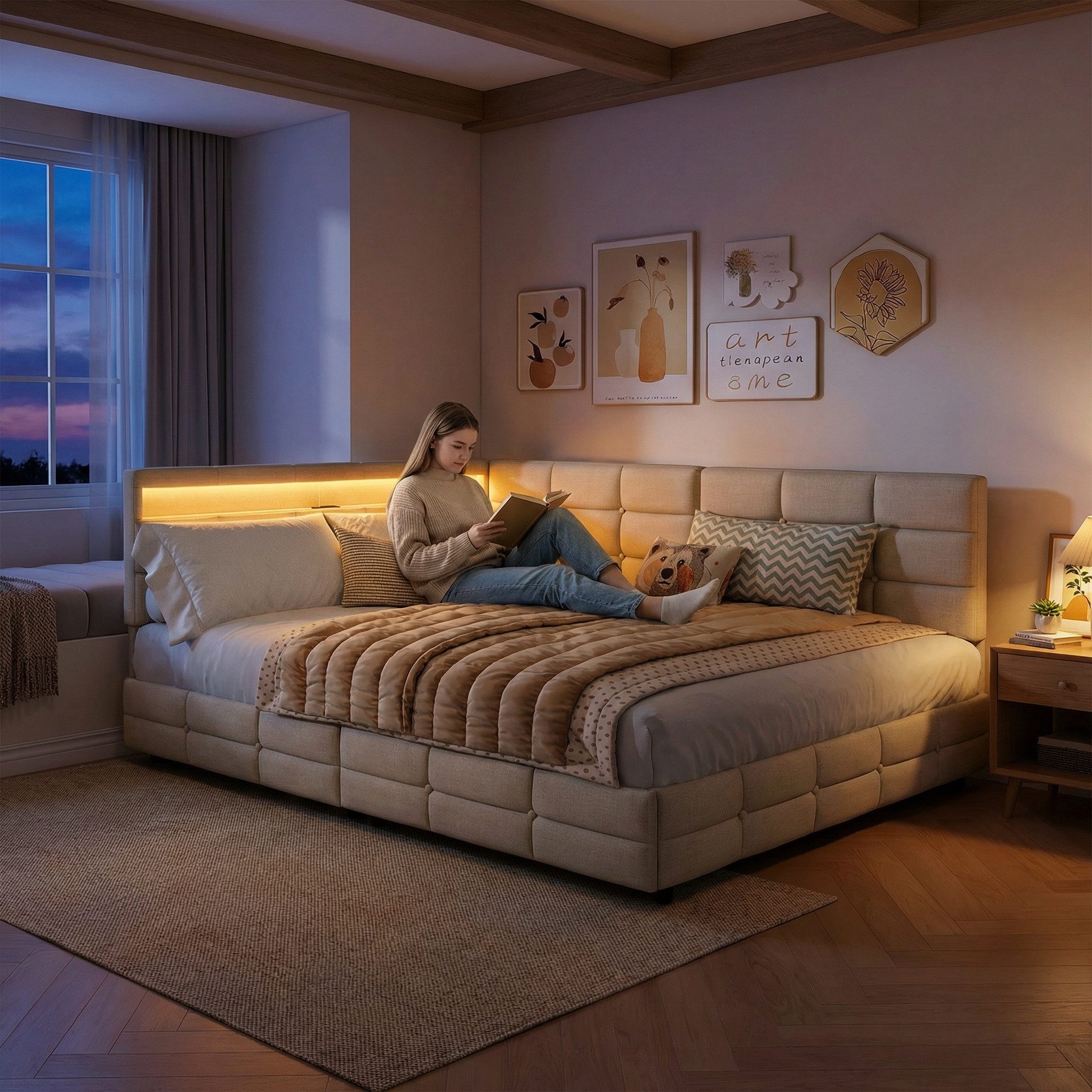 Gdood Polsterbett Daybett Jugendbett Tagesbett (1-tlg., 2 Schubladen, Geeignet für Jungen und Mädchen), Mit LED-Beleuchtung, Ladefunktion, Leinen, 140x200 cm