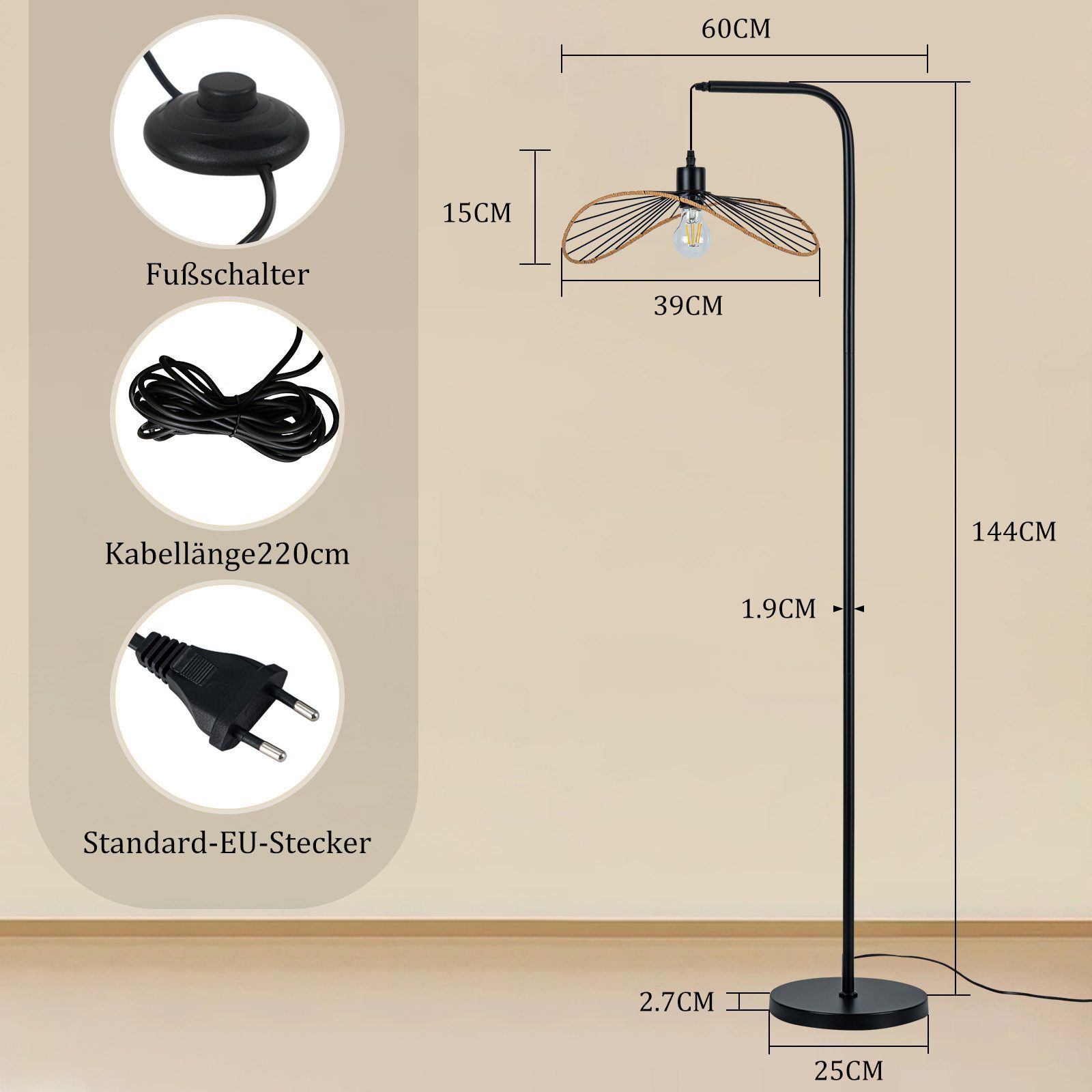 Nettlife Stehlampe Schwarz Vintage Bogenlampe Fußschalter Leselampe aus Metall E27, ohne Leuchtmittel, für Wohnzimmer Schlafzimmer Büro