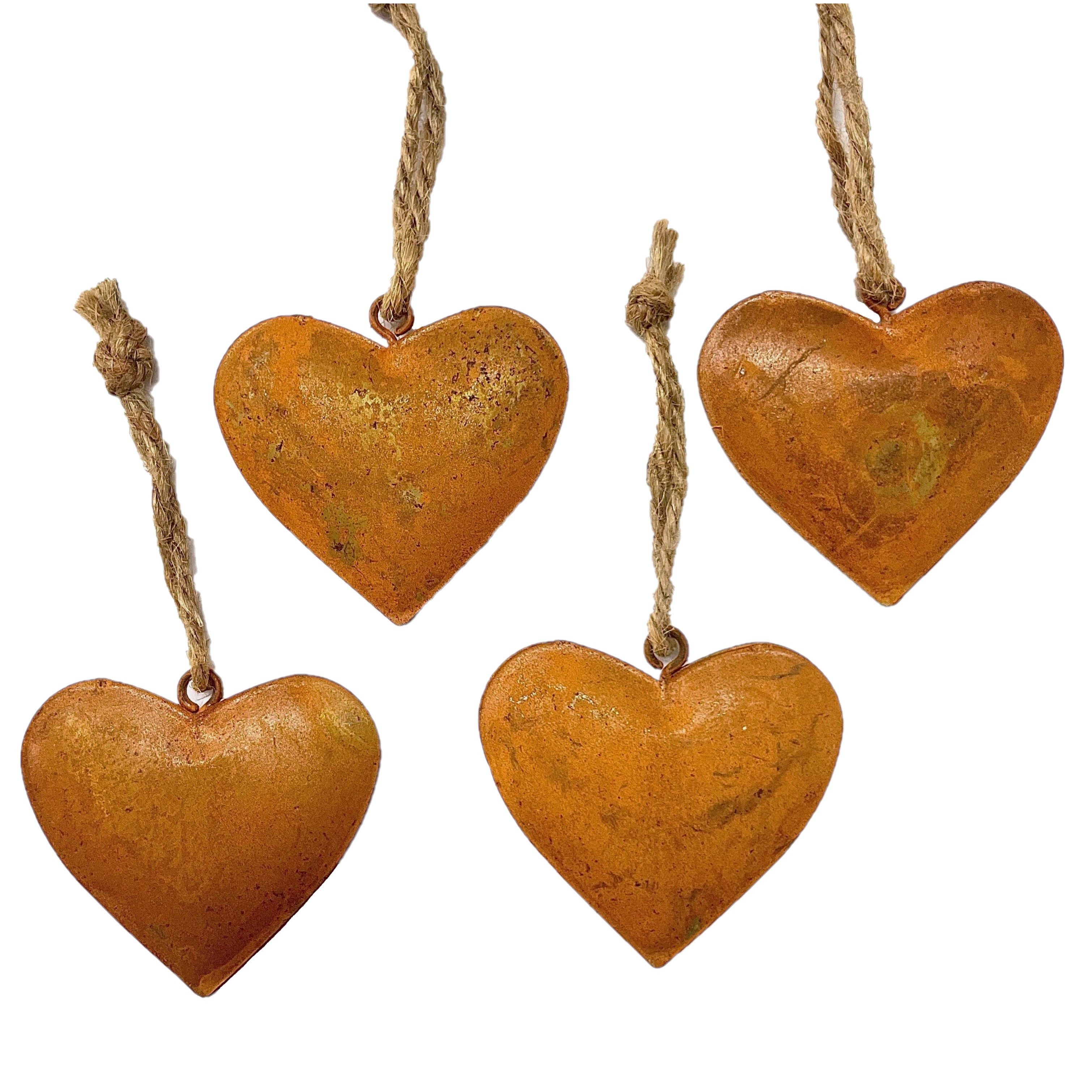 Dragimex Hängedekoration Metall HERZ mit Kordel, Herzhänger, Set 4x 5,5 cm. Rostdeko, Rost