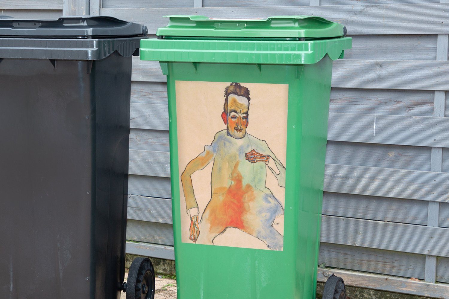 MuchoWow Wandsticker Egon Abfalbehälter Schiele Container, Mülltonne, St), (1 Der - Mülleimer-aufkleber, Sticker, Cellospieler