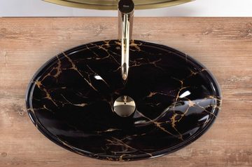 wohnwerk.idee Aufsatzwaschbecken Waschbecken Pamela Black Marble Shiny Marmoroptik 53x33cm