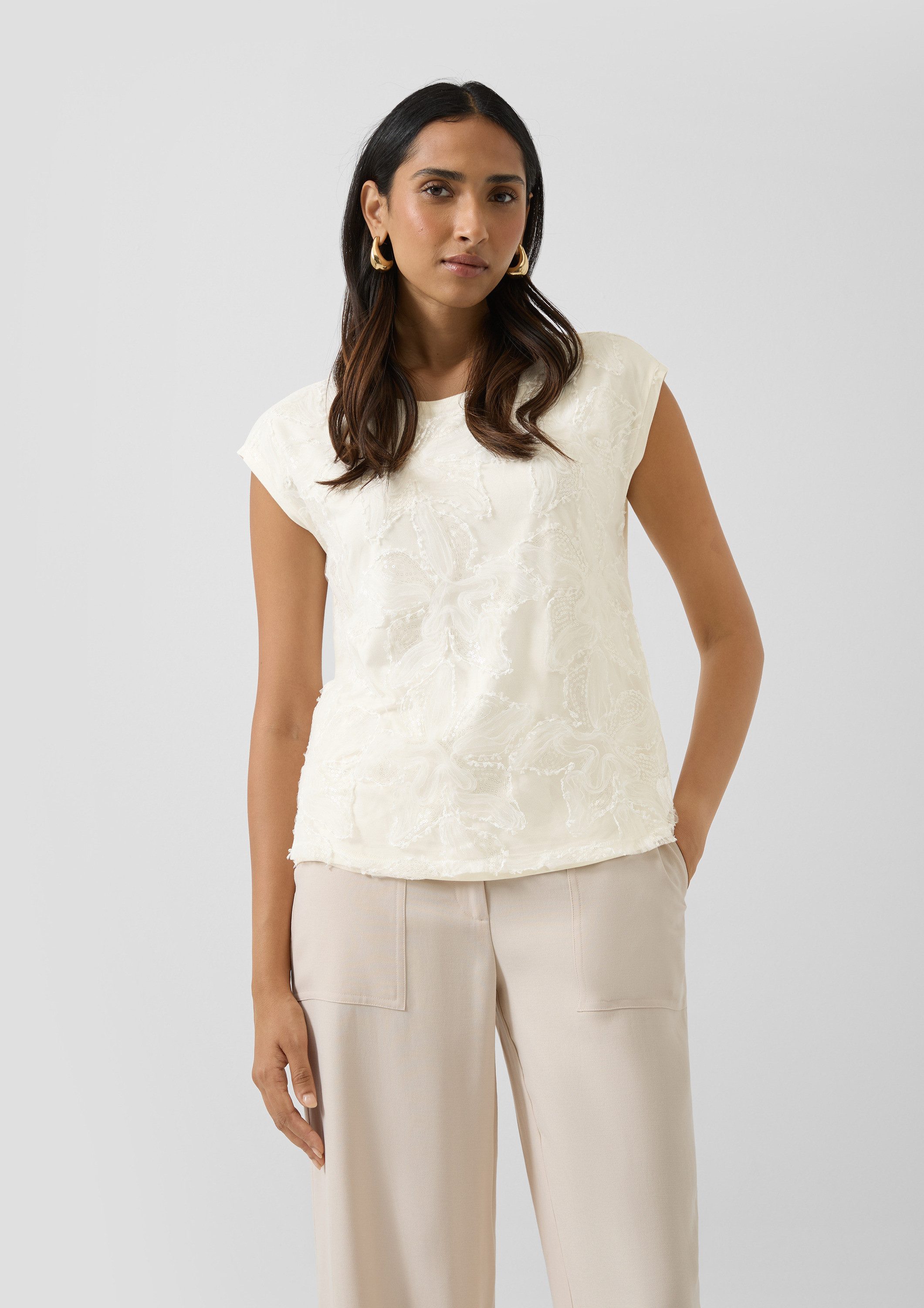 s.Oliver Kurzarmshirt T-Shirt Ärmelloses Blusenshirt mit floralem Mesh-Laye günstig online kaufen