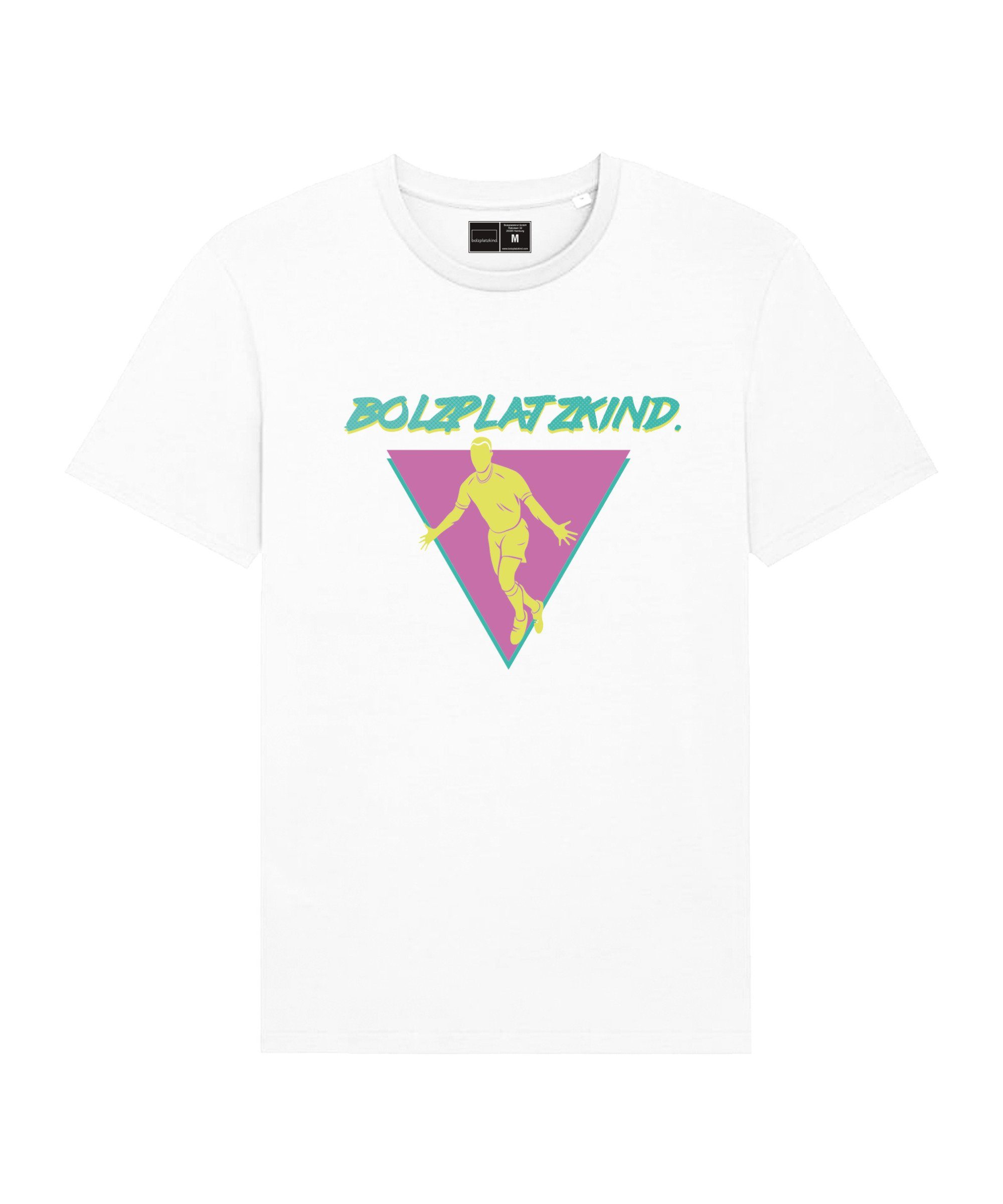 Bolzplatzkind T-Shirt "80er Jahre" Straddle T-Shirt default weissgruenlilagelb