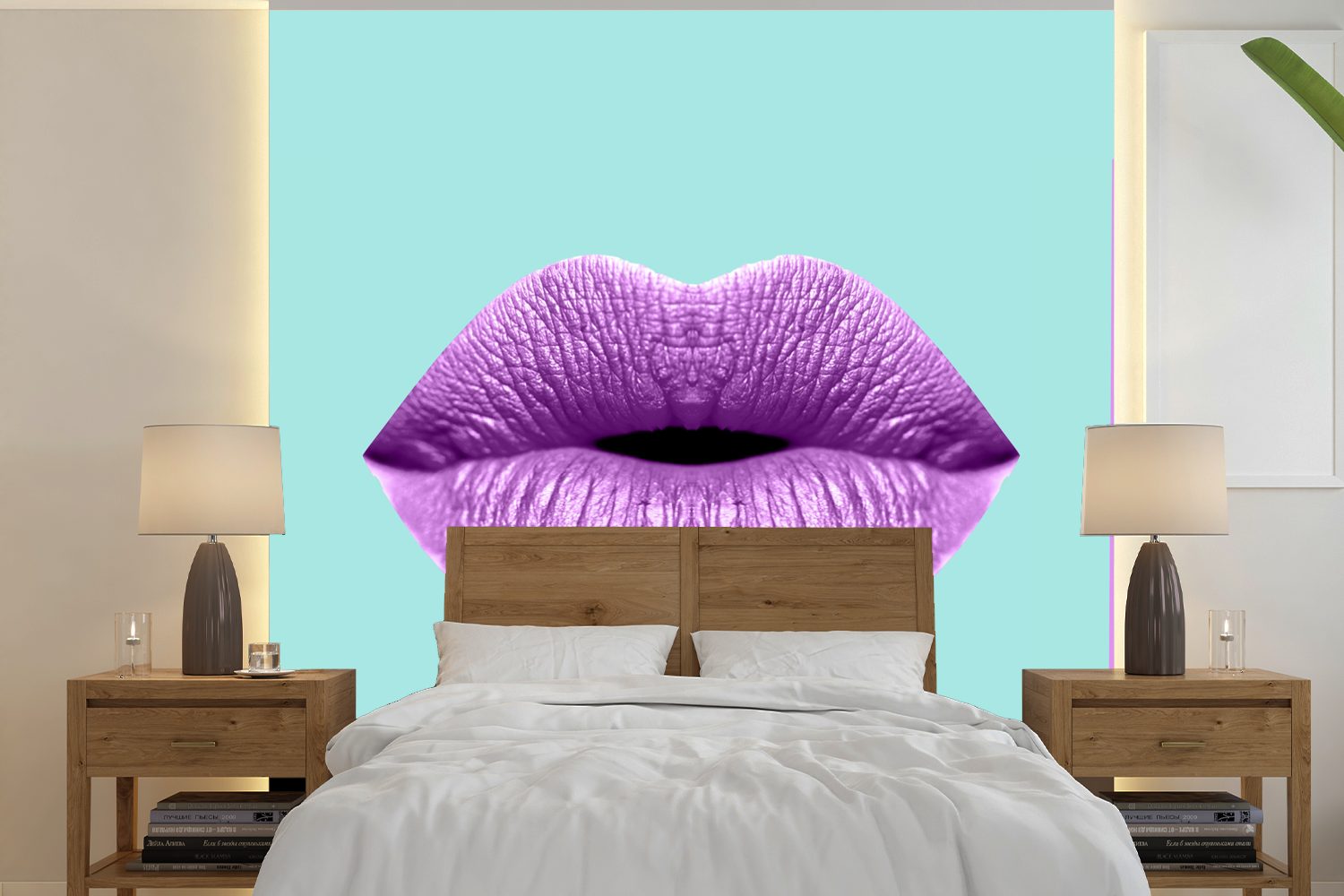 Matt, bedruckt, Lila, Vinyl Lippen Schlafzimmer, - Wohnzimmer - oder (5 MuchoWow Wandtapete St), für Fototapete Tapete Pastell