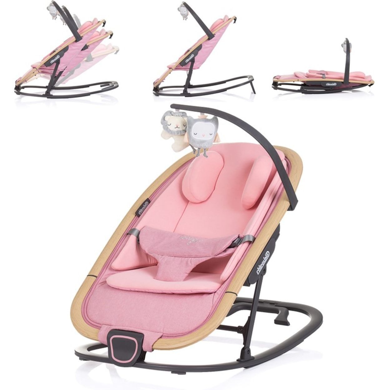 Chipolino Babywippe Senso, Holzoptik, Kopfstütze, 3-Punkt-Gurt, verstellbare Rückenlehne
