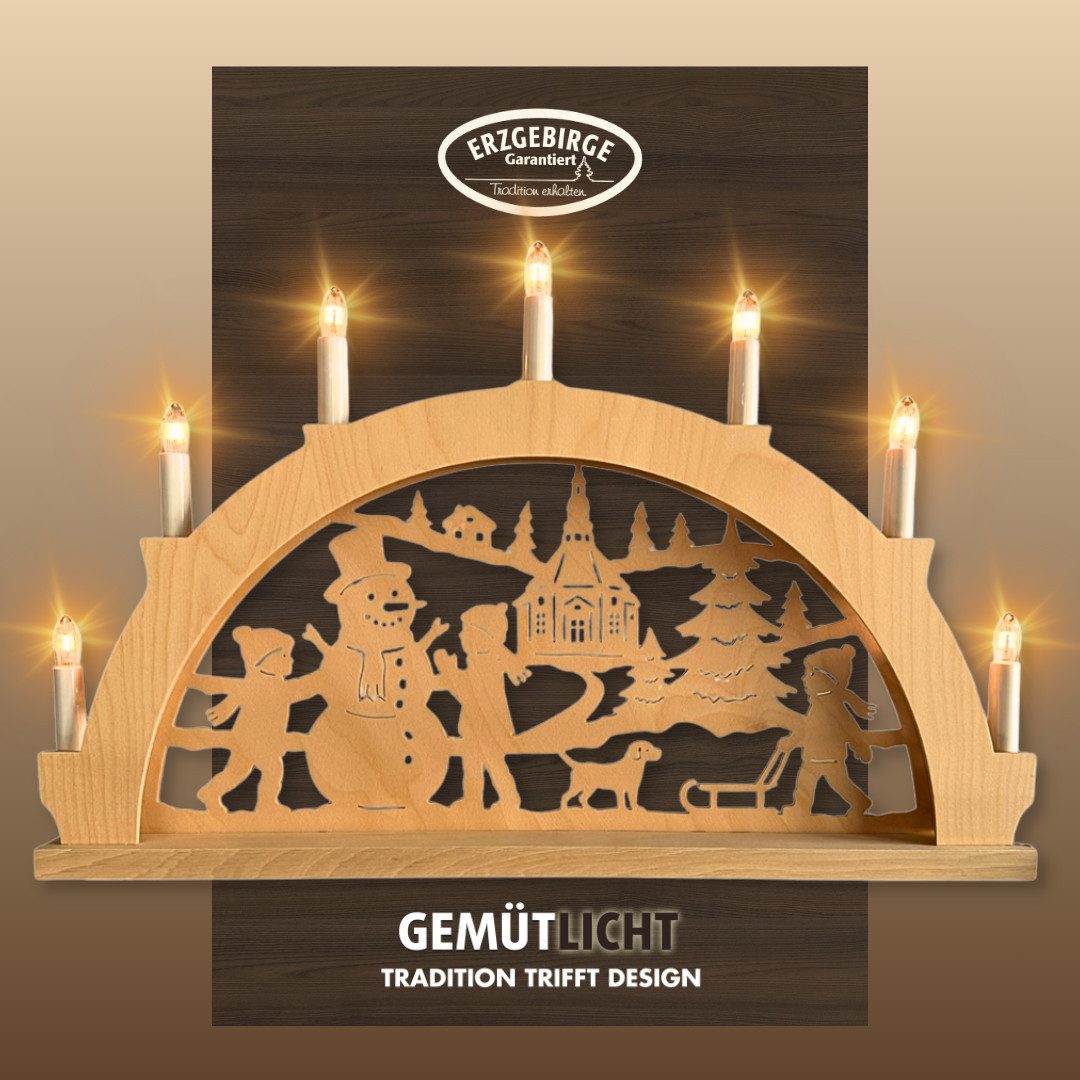 Weigla LED Schwibbogen Wintergruß aus Seiffen, Lichterbogen aus Holz, NATUR