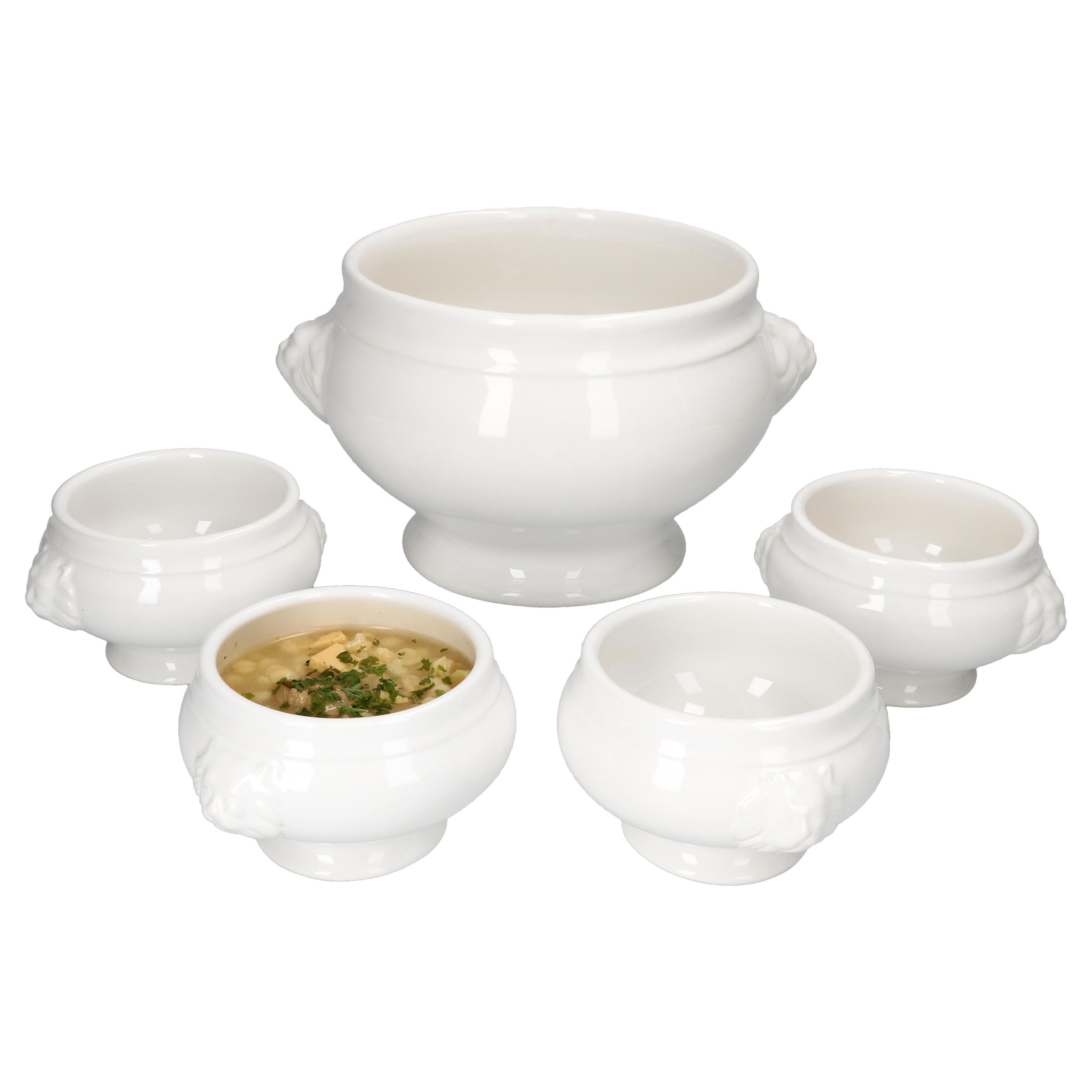 MamboCat Suppenschüssel LEO Löwenkopf-Terrinen Set 7-tlg. mit Deckel 3L + 6x 0,45L, Steingut