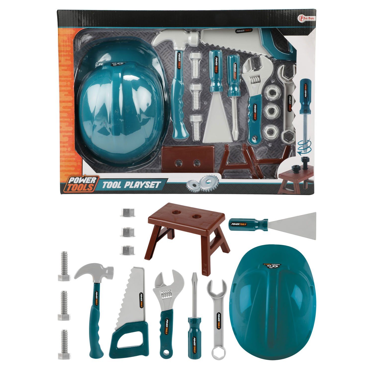 Toi-Toys Kinder-Werkzeug-Set Power Tools - Werkzeugset mit Bauhelm (14-teilig)