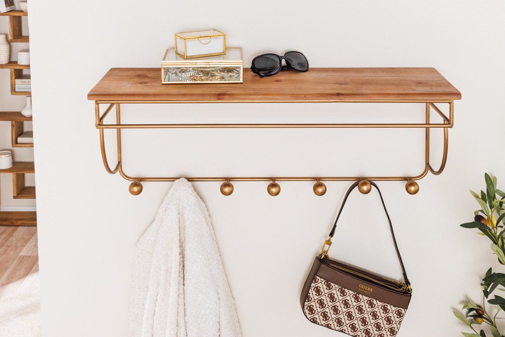 riess-ambiente Wandgarderobe HERITAGE 80cm natur gold messing · Flurgarderobe mit 7 Haken & Ablage (Einzelartikel, 1 St), Pinienholz · Metallgestell · fertig montiert · Dekoration