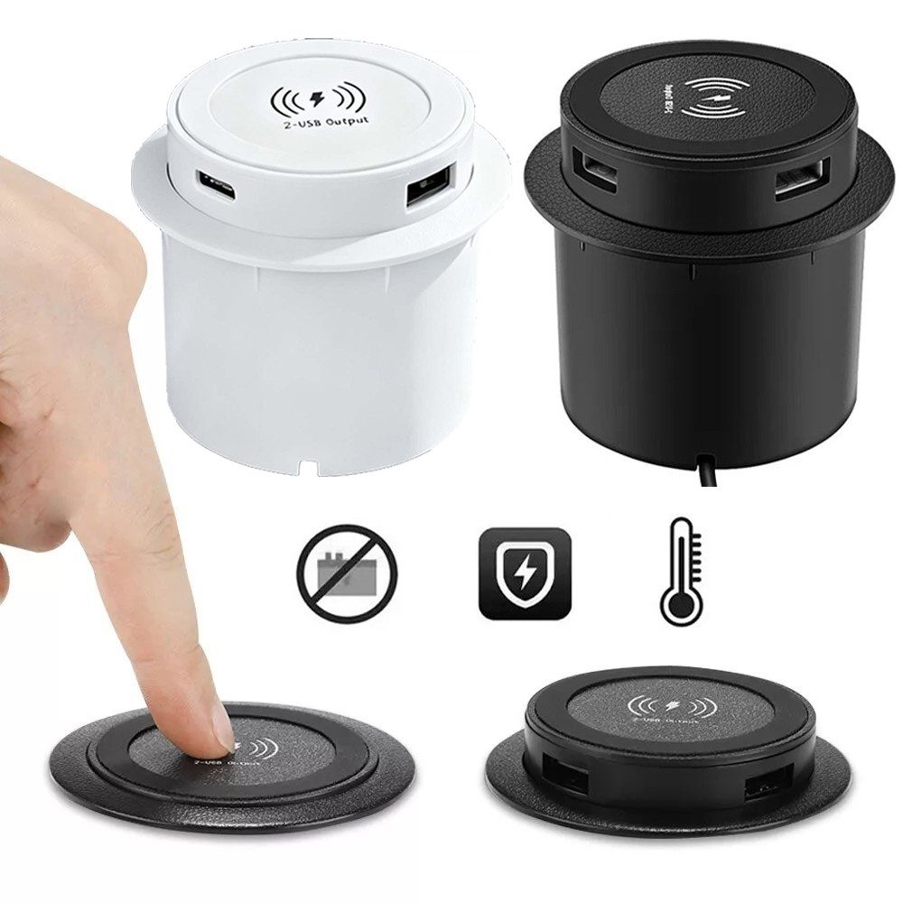 PRIISF Versenkbare Einbausteckdose Mehrfachsteckdose 3in1 Kabellose Ladegerät Einbau-Tischsteckdose 2-fach (USB-Anschluss, USB-Anschlüsse, Überspannung, Überhitzung, Überstrom, Kurzschluss, Kabellänge 1,4 m), USB Büro Unterbau Induktive Ladestation Einbau-Tischsteckdosenleiste