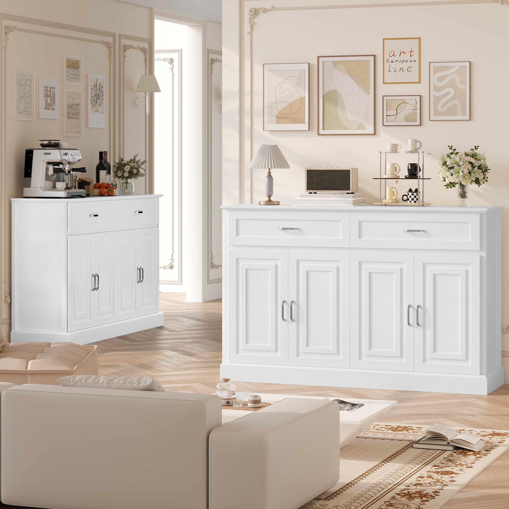 Homfa Sideboard Breite 140cm Küchenschrank Buffetschrank, mit Arbeitsplatte, verstellbaren Regalen, 140x39,5x92,5cm – Bild 4 von 5