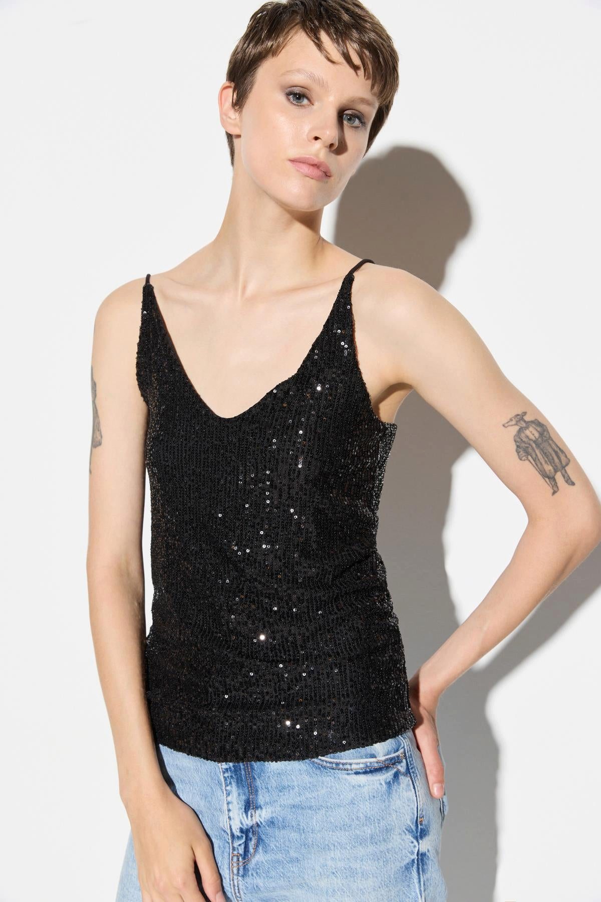 Blusentop Paillettenbluse mit Trägern