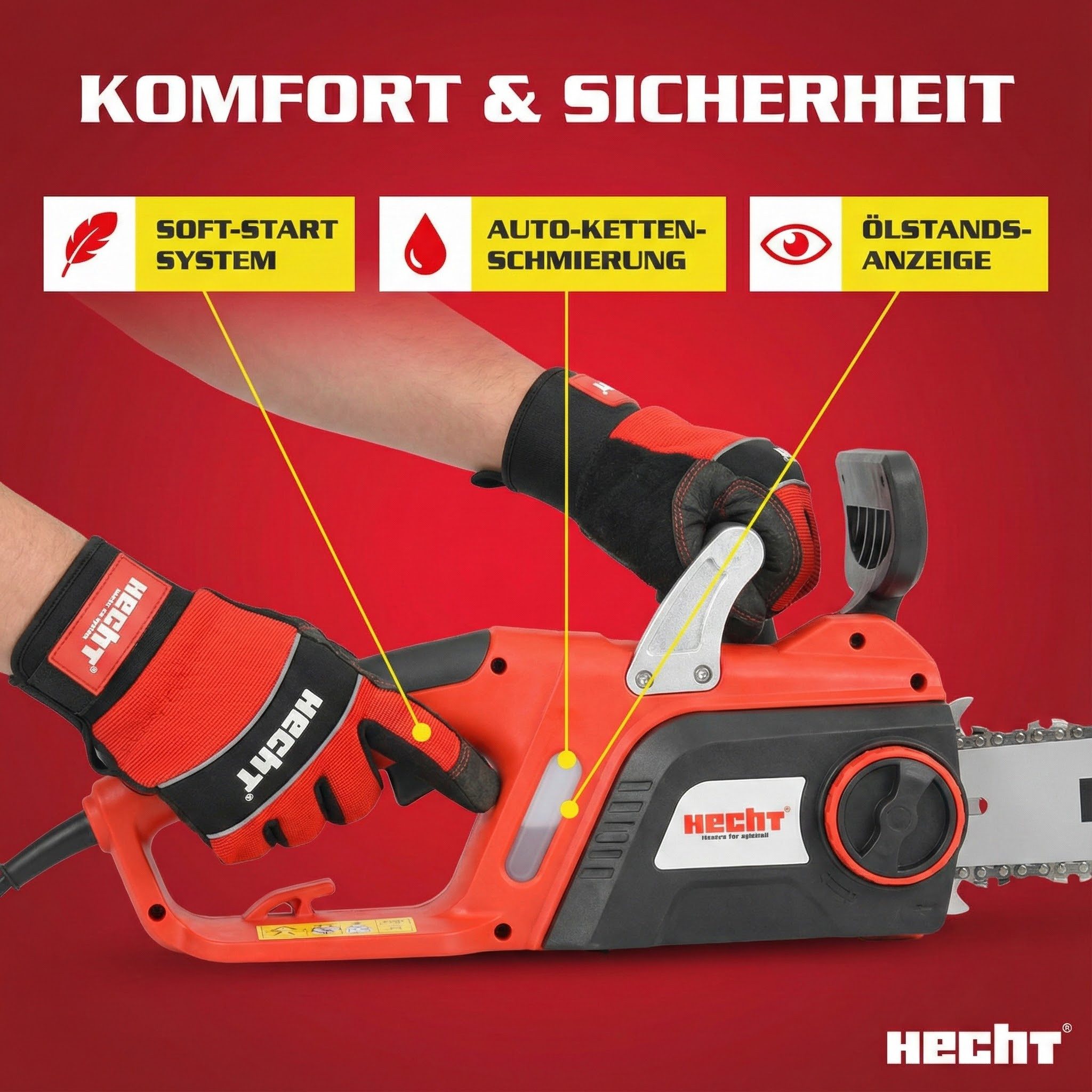 Hecht electric chainsaw 2250 with 40 cm cutting length, 45.8 cm bar length, 2400 watts, soft start, kickback brake