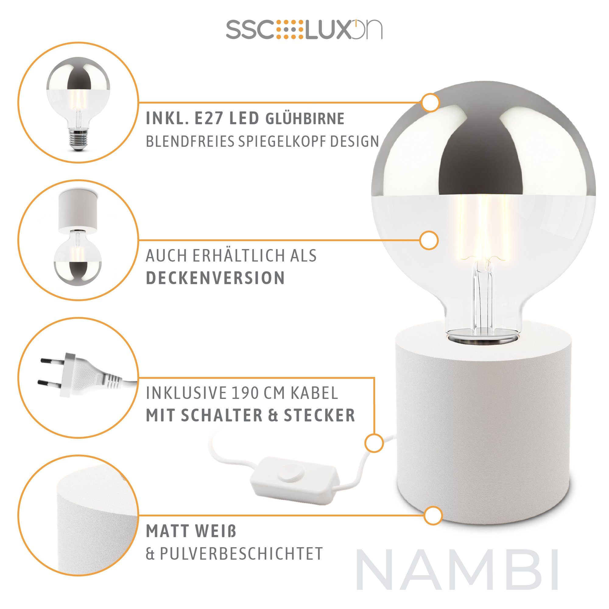 Kopfspiegel mit Silber, LED Tischlampe LED weiss NAMBI Warmweiß E27 Bilderleuchte SSC-LUXon Design