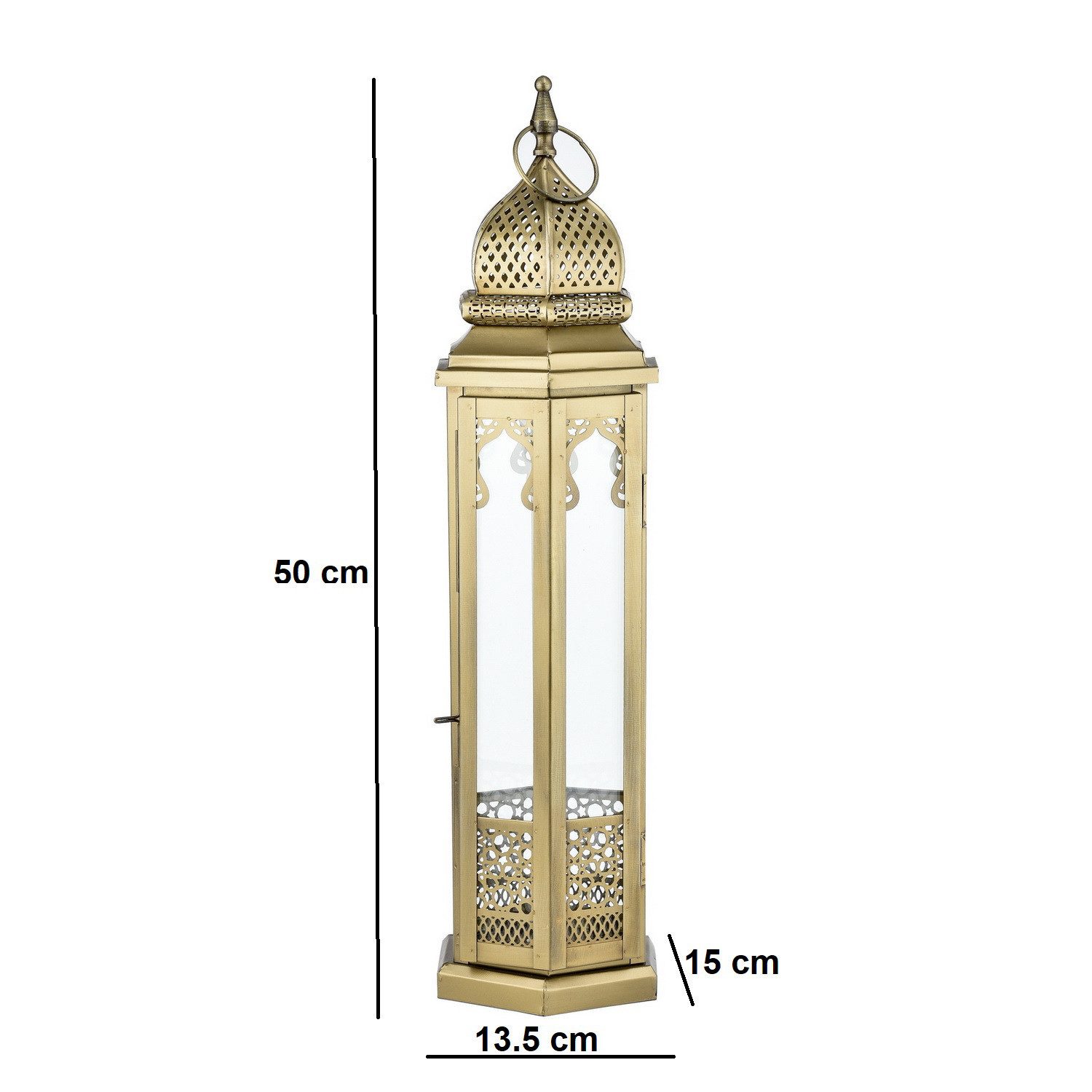 Marrakesch Orient & Mediterran Interior Kerzenlaterne Laterne Moulan aus Metall und Glas, antikgolden, mit Kerzentür 50 cm (1 St), Handarbeit – Bild 4 von 5