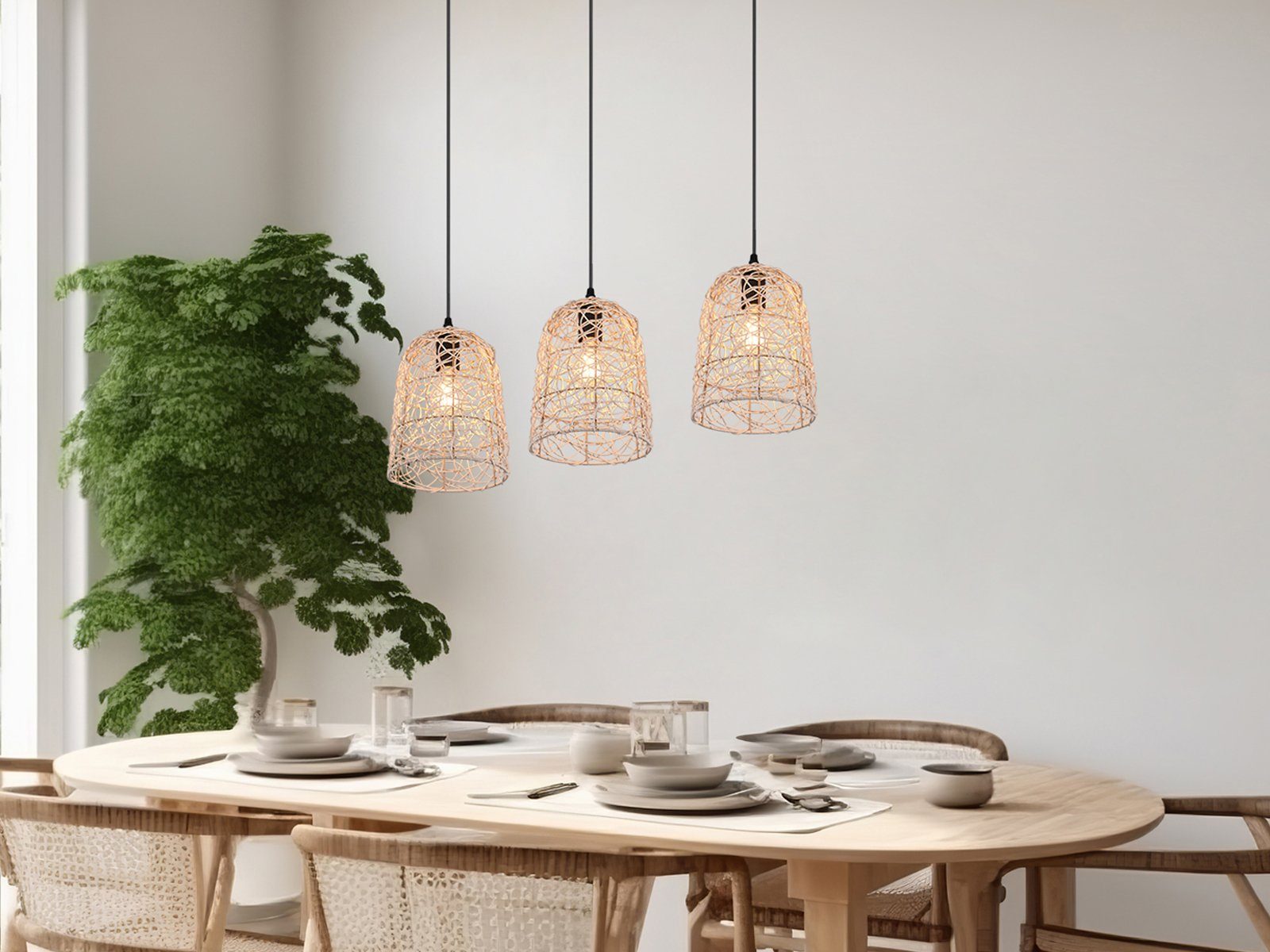 meineWunschleuchte LED Pendelleuchte, Dimmfunktion, LED wechselbar, warmweiß, Boho Lampen-schirm Rattan hängend übern Esstisch 3-flammig Breite 76cm