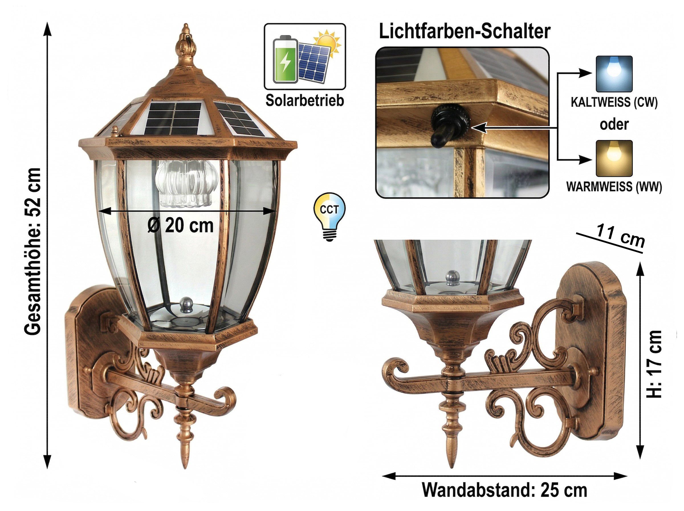 Arnusa Außen-Wandleuchte Solar Außenleuchte kabellos klassisch Kupferoptik Aluminium 52 cm, Farbtemperatur einstellbar, LED fest integriert, Warmweiß, Kaltweiß, leistungsstarker Akku lange Leuchtzeit, Warmweiß Kaltweiß