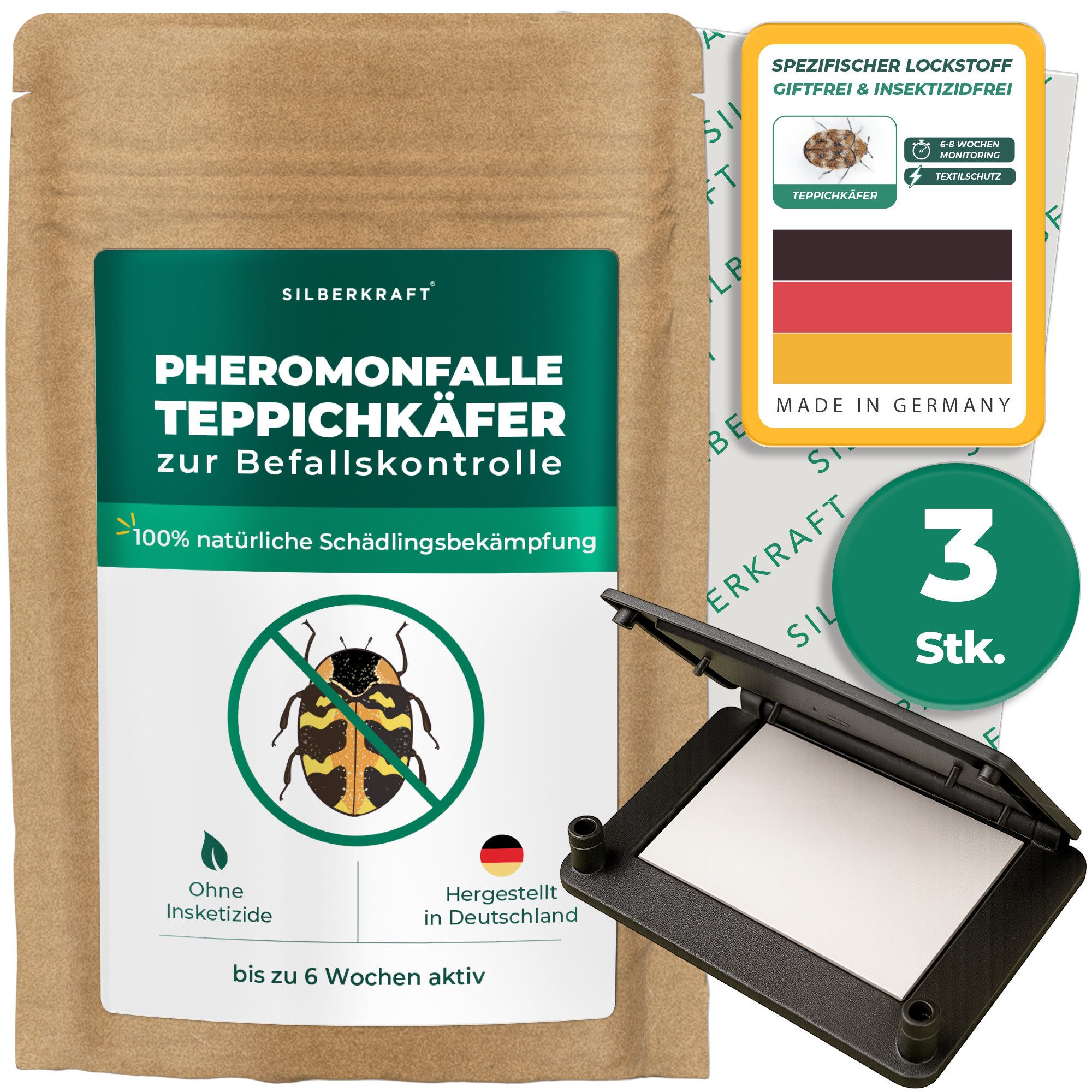Silberkraft Insektenfalle Pheromonfalle Teppichkäfer Textilschutz Spezifischer Lockstoff, Insektizidfrei 6-8 Wochen Monitoring – Bild 2 von 4