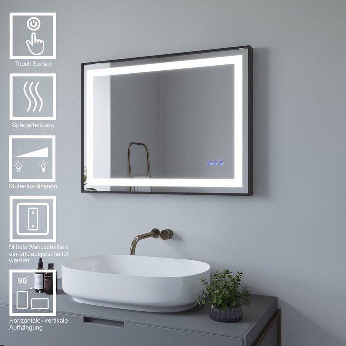 AQUALAVOS Badspiegel Badspiegel mit LED Licht Schwarzer Rahmen Antibeschlage Lichtspiegel