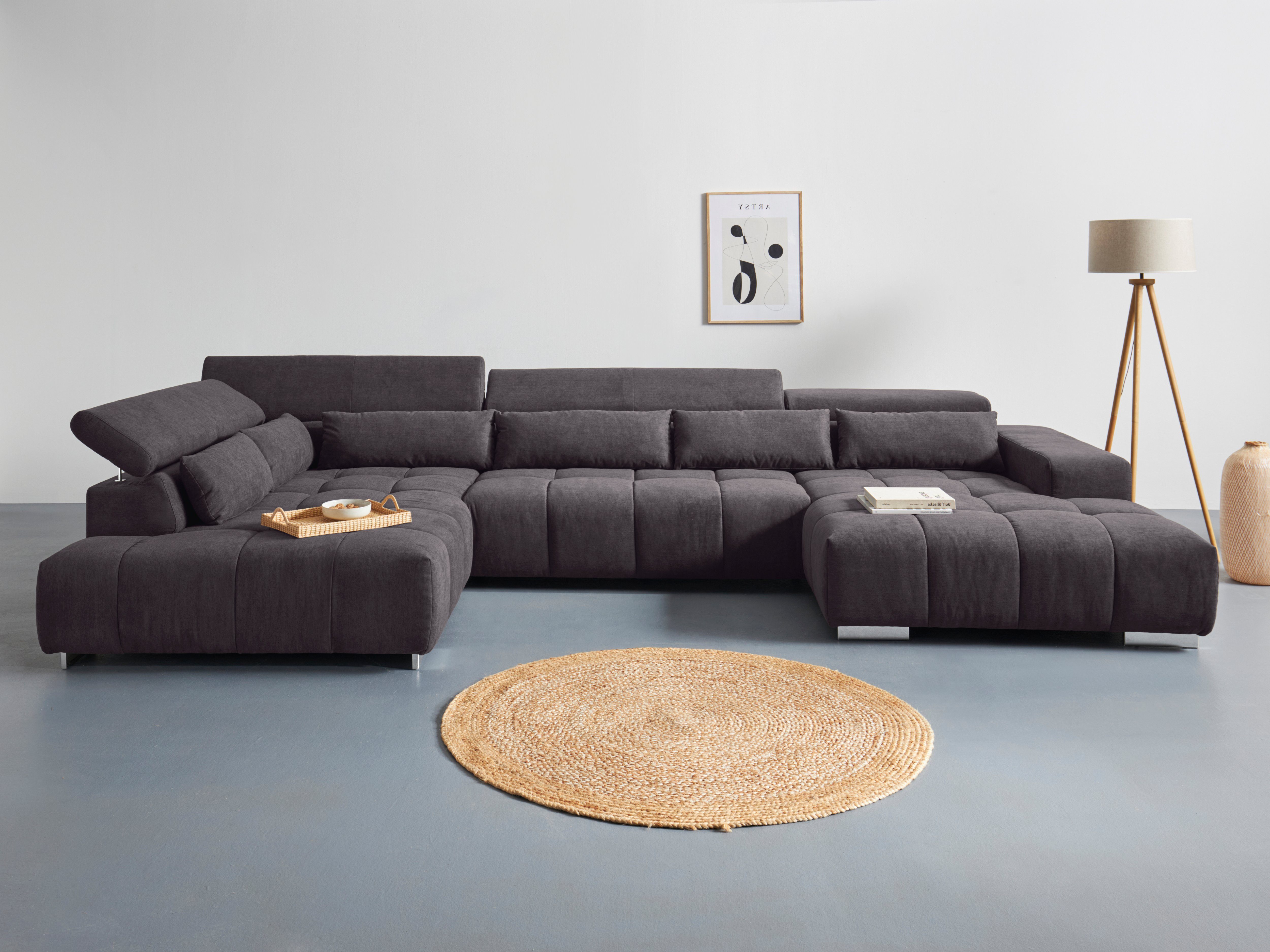 COTTA Wohnlandschaft Orion U-Form XXL, B: 409 cm, bequeme Wellenunterfederung, top modern, mit Kopfteilverstellung & 6 Nierenkissen