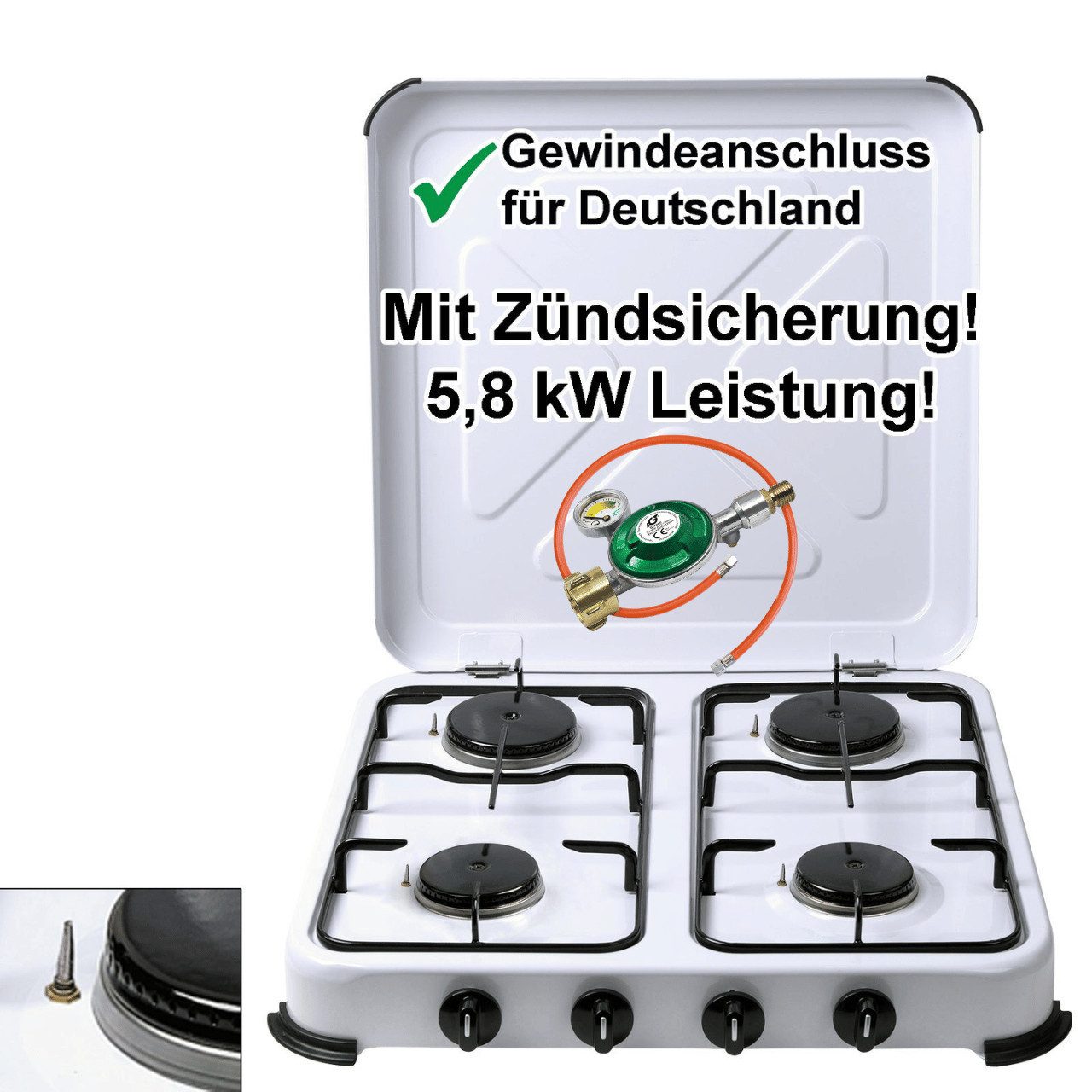 BlueCraft Gaskocher 4 flammig mit Zündsicherung 50mbar Propan Gas Campingkocher 5,8 kW, (mit Schlauch 100 cm und Gas Regler Druckminderer mit Manometer), Camping Gas Kocher 4 flammen für Gasflasche Gasherd Gas-Kochfeld