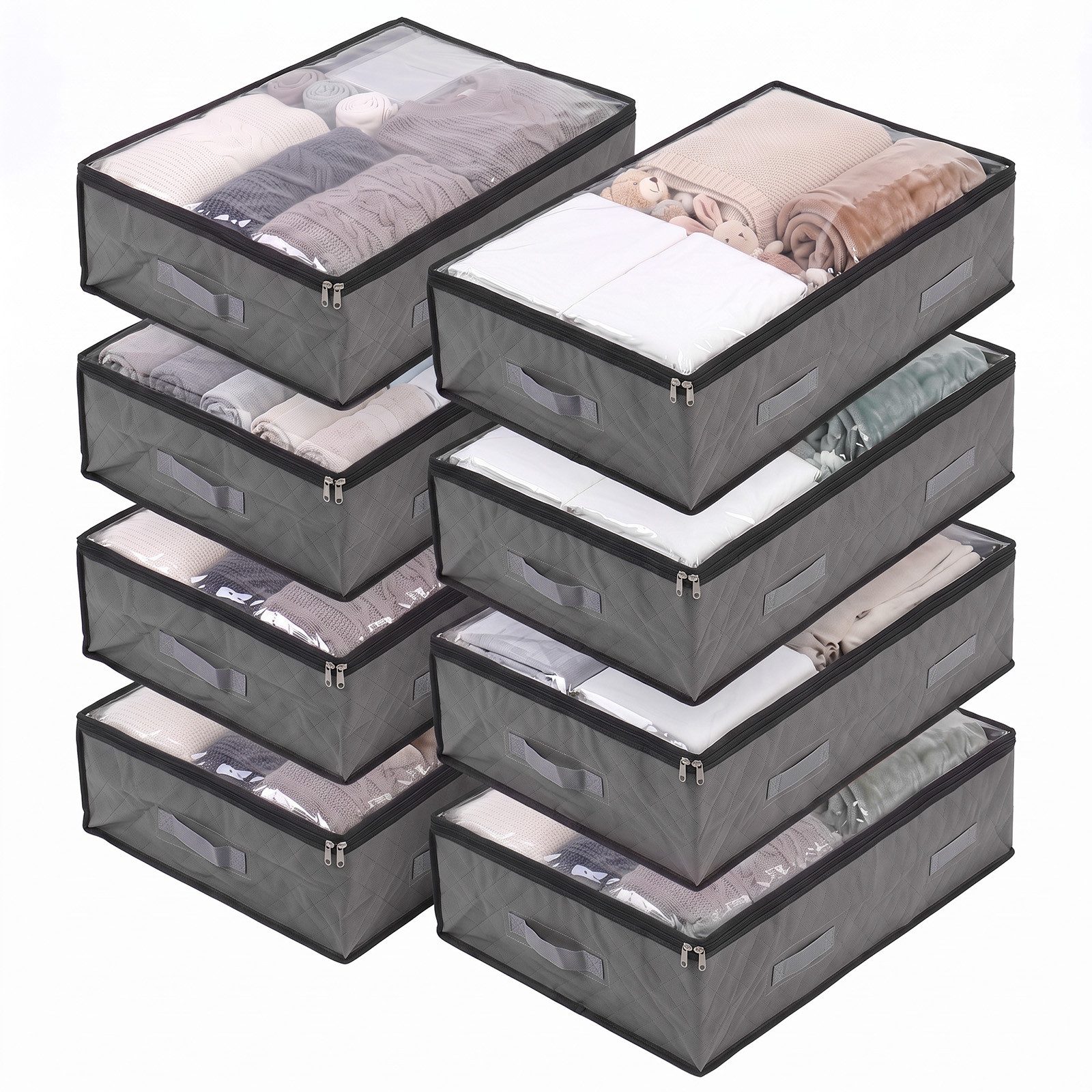 Sekey Unterbettkommode Unterbett Aufbewahrung Aufbewahrungstasche 110L mit Deckel, faltbar (8 St), Für Kleidung, Bettwäsche Decken transparent mit Doppelreißverschluss