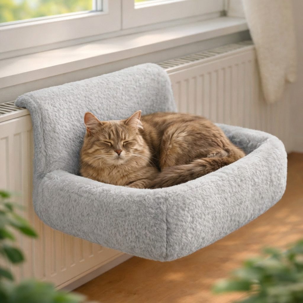 belviona Katzen-Hängematte für Heizkörper, Schlafplatz für Katzen bis 8 kg, hellgrau, kuscheliges Textil, Katzen-Heizkörperliege mit waschbarem Bezug