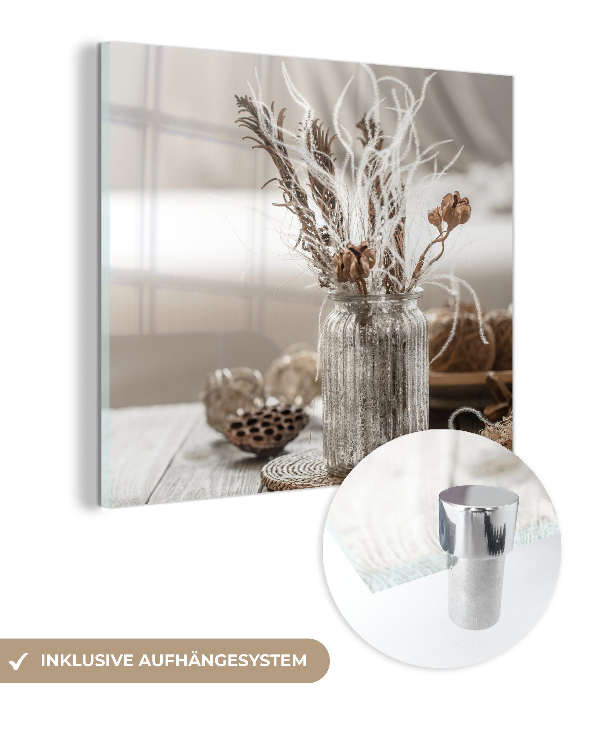MuchoWow Acrylglasbild Stilleben - Getrocknete Blumen - Vase, (1 St), Glasbilder - Bilder auf Glas Wandbild - Foto auf Glas - Wanddekoration | Bilder