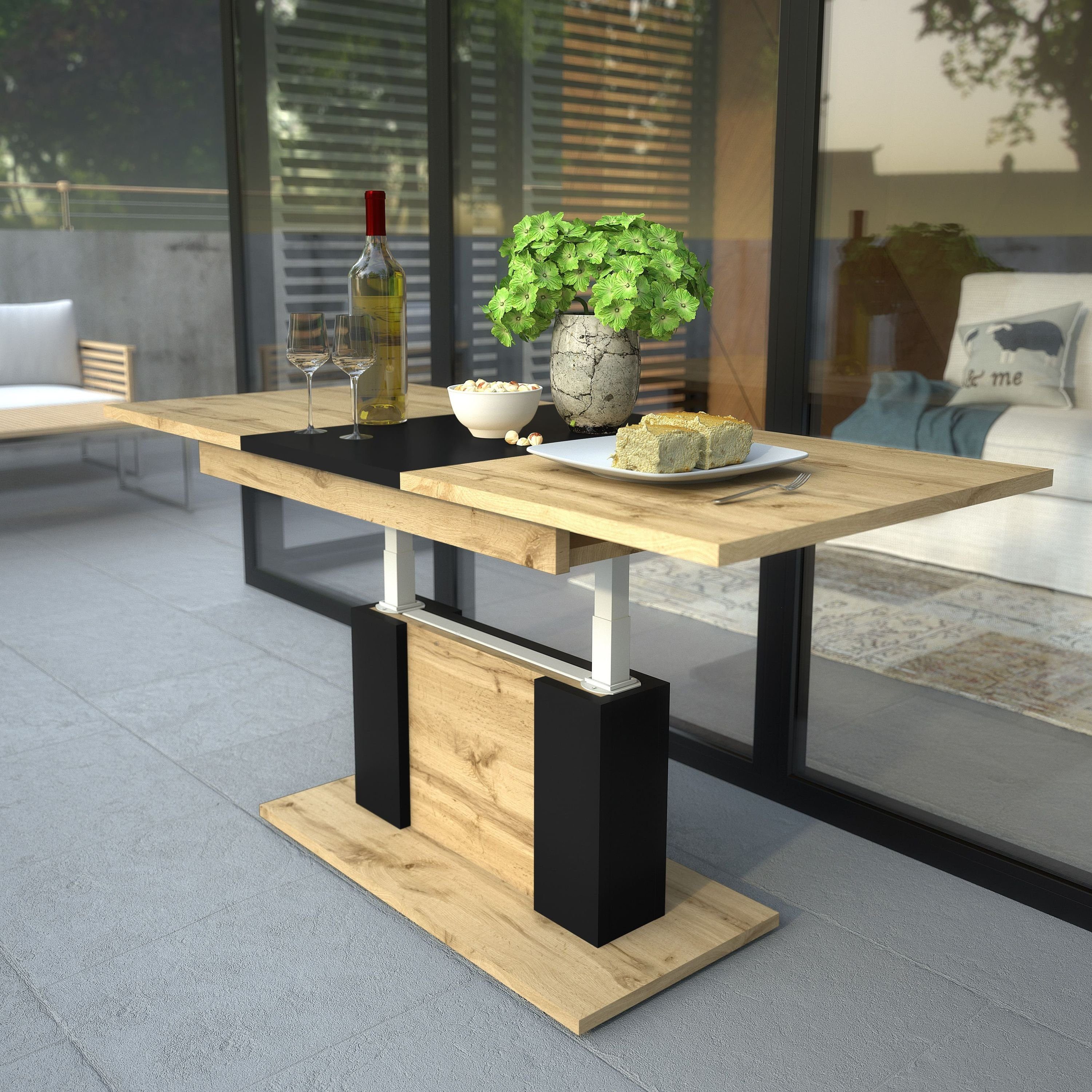 designimpex Couchtisch Design Tisch ausziehbar höhenverstellbar DP-1 Eiche Wotan-Schwarz matt