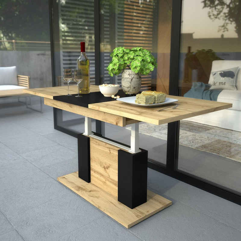 designimpex Couchtisch Design Tisch DP-1 Eiche Wotan-Schwarz matt höhenverstellbar ausziehbar