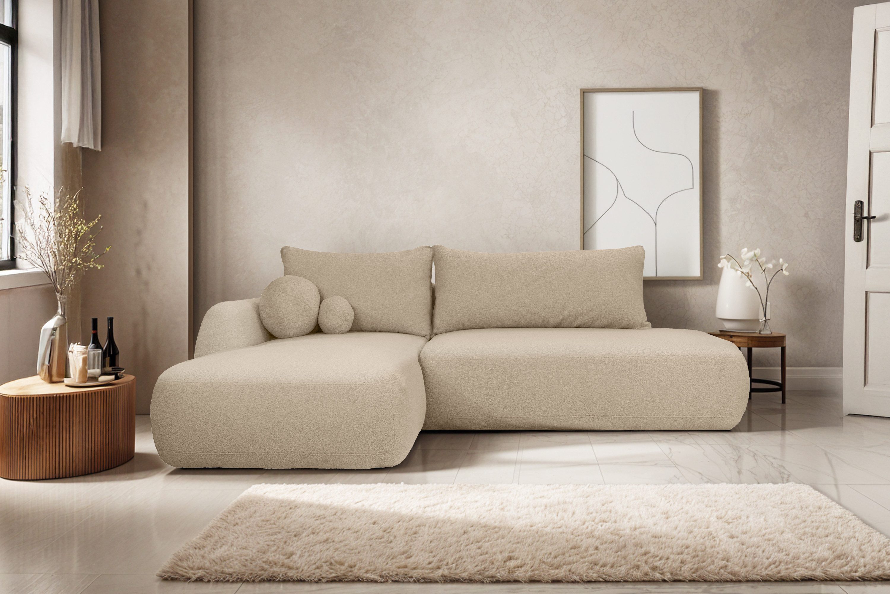yourhouse24 Ecksofa FABO COMFORT aus Bouclé mit Schlaffunktion & Bettkasten