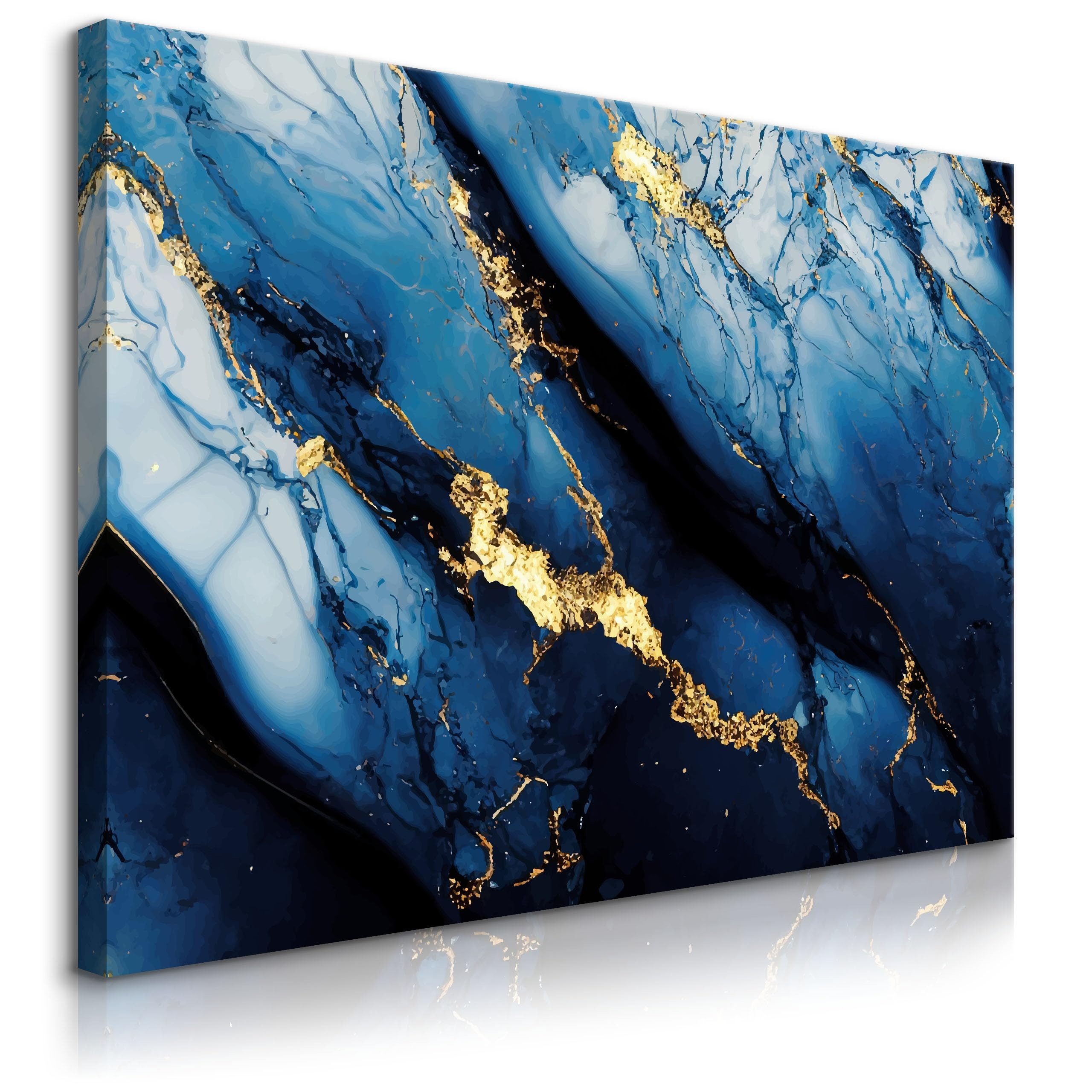 Muralo Leinwandbild Abstrakt – Leinwandbild Wandbild Kunstdruck Wohnzimmer, Abstrakt (1 St), Türkis Tiefes – Azurblau – Gold, 30 x 20 cm, aufhängefertig