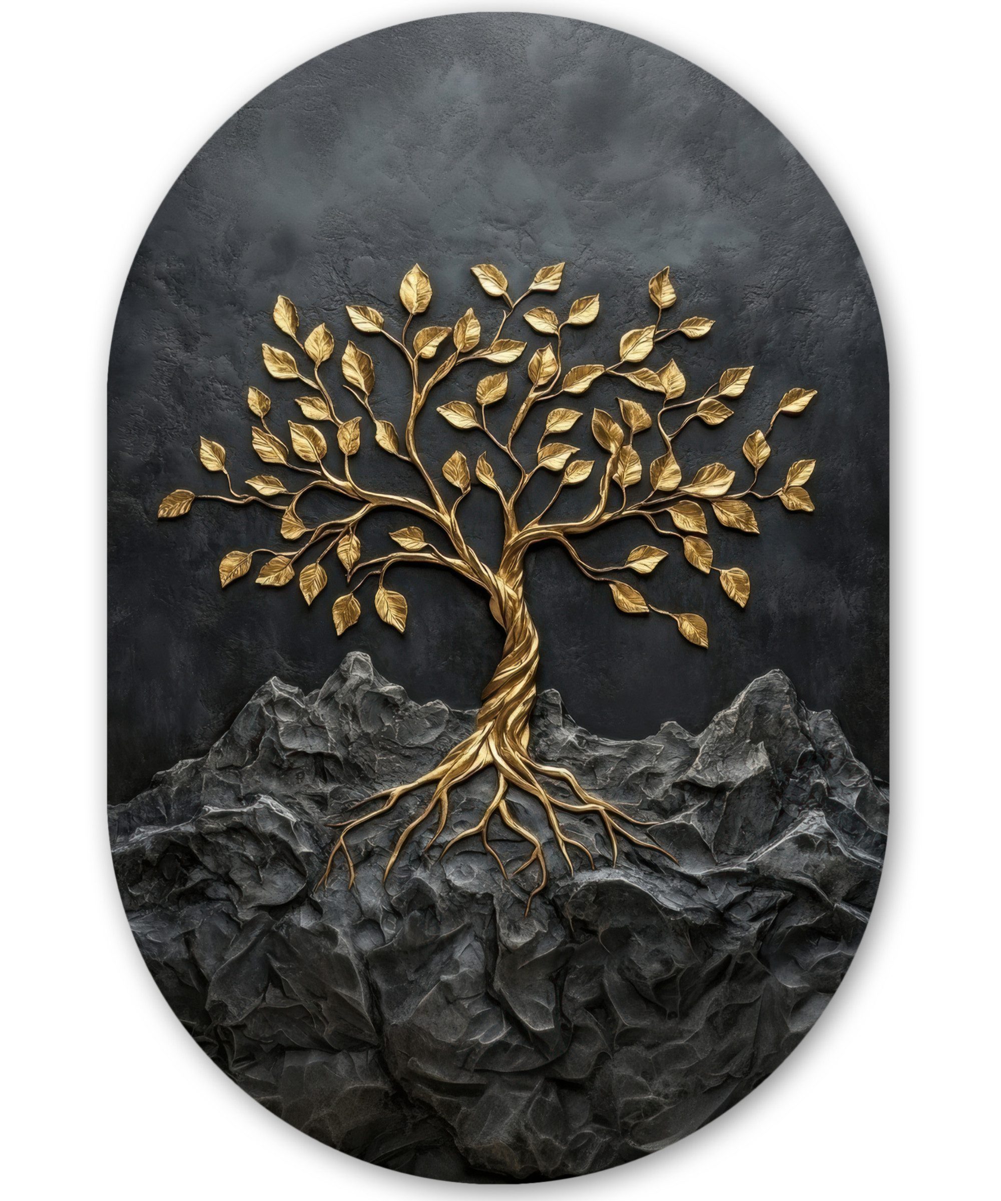 MuchoWow Gemälde Blätter - Gold - Baum - Fels, Fotodruck (1 St), Wandbild Oval, Wohnzimmer oder Schlafzimmer Wanddekoration, 40x60 cm