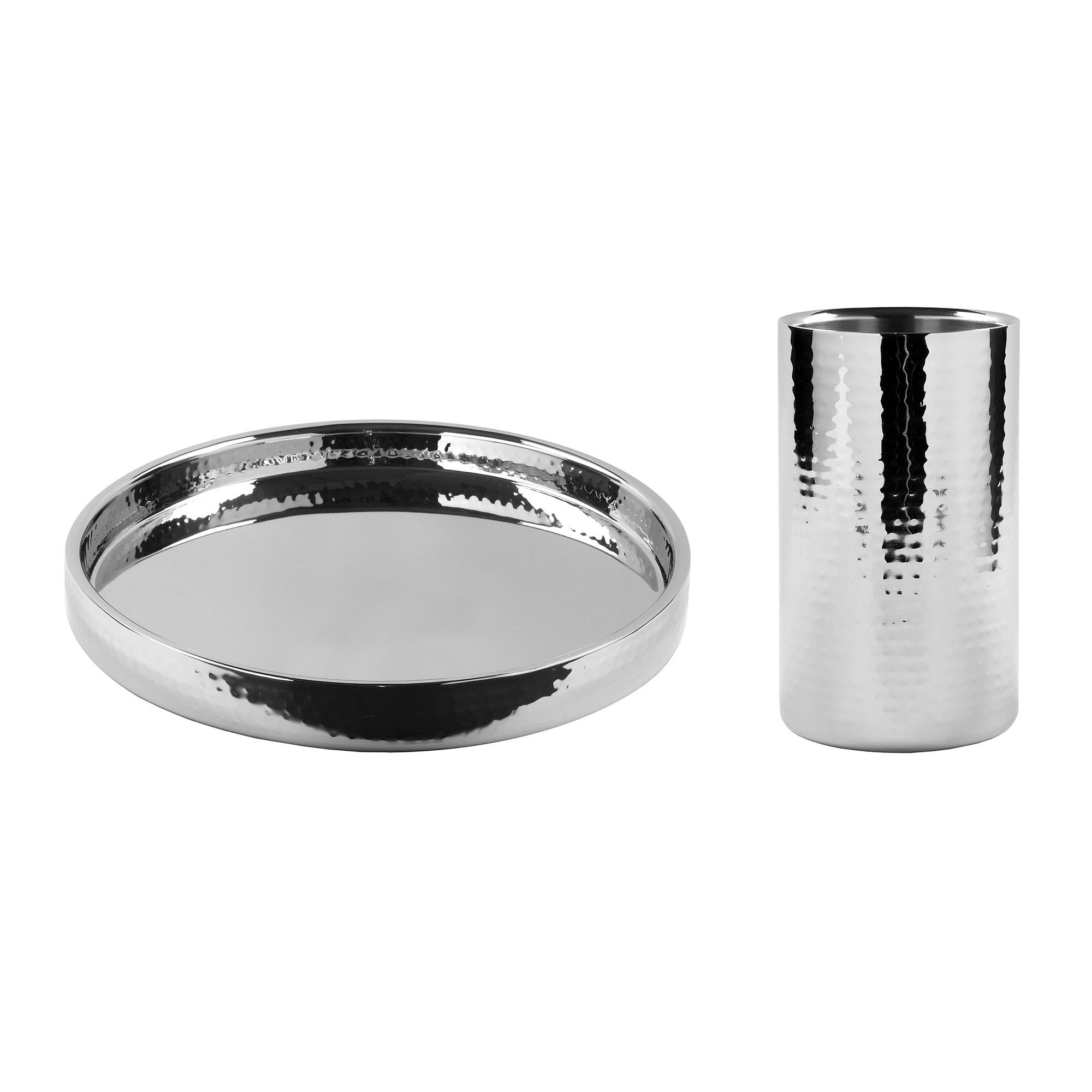 Fink Cocktail-Set KALAS - Tablett + Kühler aus Edelstahl - silber - Servier- und Dekoset, (Barset bestehend aus Weinkühler und Tablett, 2er Set), Geschenkset - Охладители для бутылок - Dekotablett Dekoplatte - Flaschenhalter