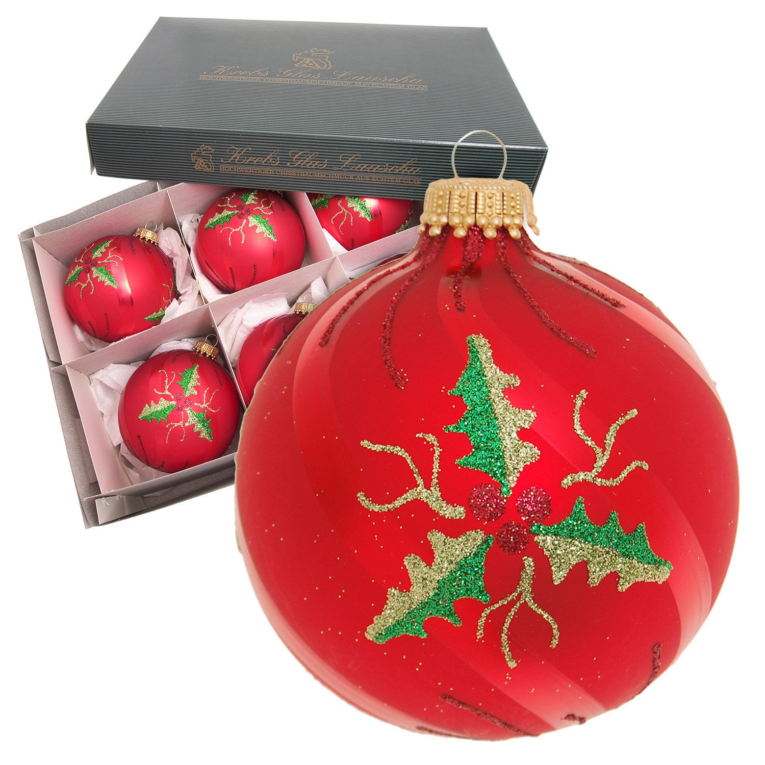Krebs Glas Lauscha Christbaumschmuck Glaskugelset - Rot mit Stechpalme - 6 Stück, für traditionelle, elegante oder verspielte Weihnachtsstile
