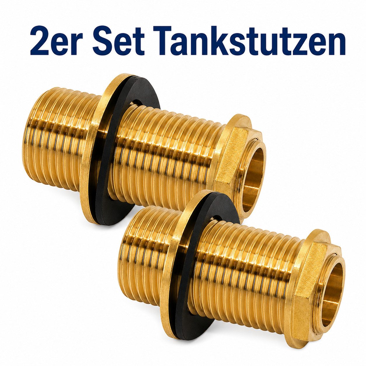 Gewindefitting 2er Set Messing Tankdurchführung 1"x3/4" Doppelnippel & Dichtung 70 mm, (2-tlg)