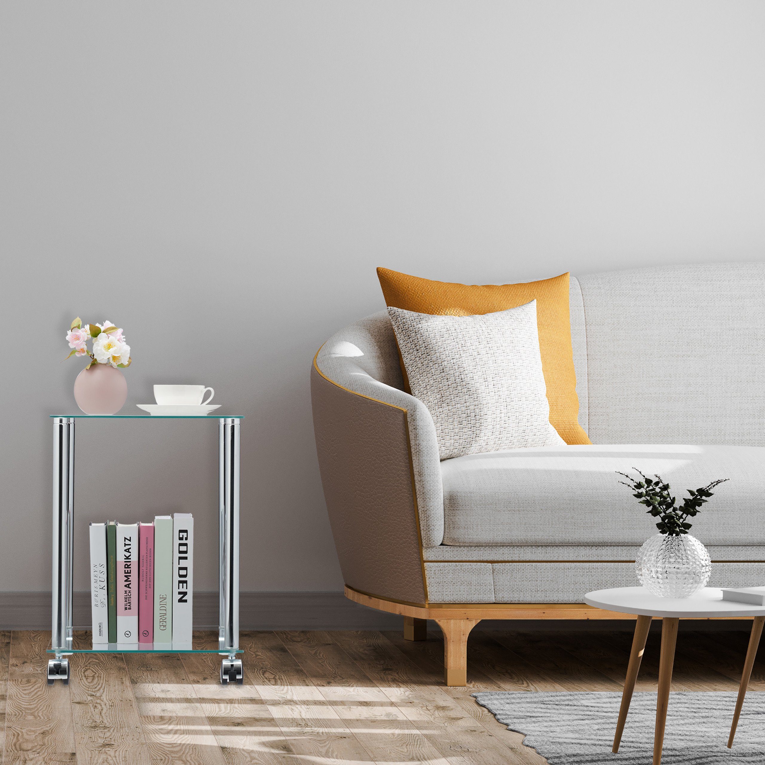 relaxdays Beistelltisch Glas Beistelltisch mit Rollen