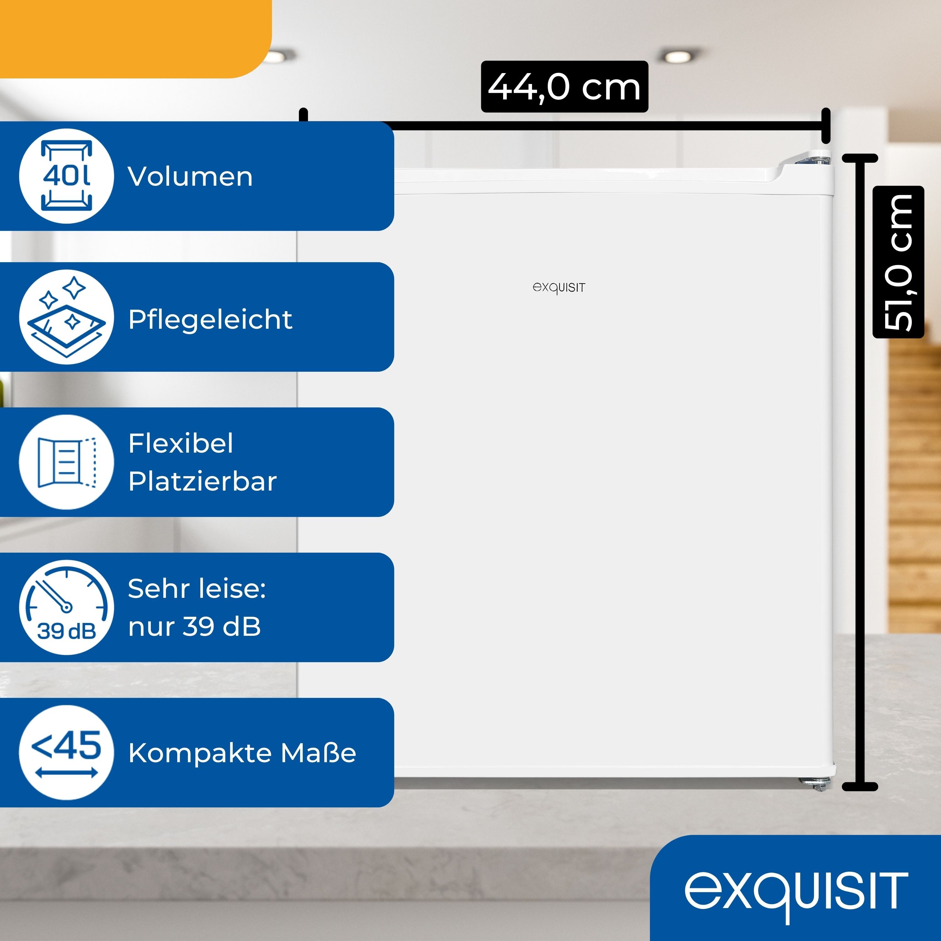 exquisit Table Top Kühlschrank KB505-V-040E, 51 cm hoch, 44 cm breit, 40 L Nutzinhalt, kompakt und platzsparend, Gitterablage