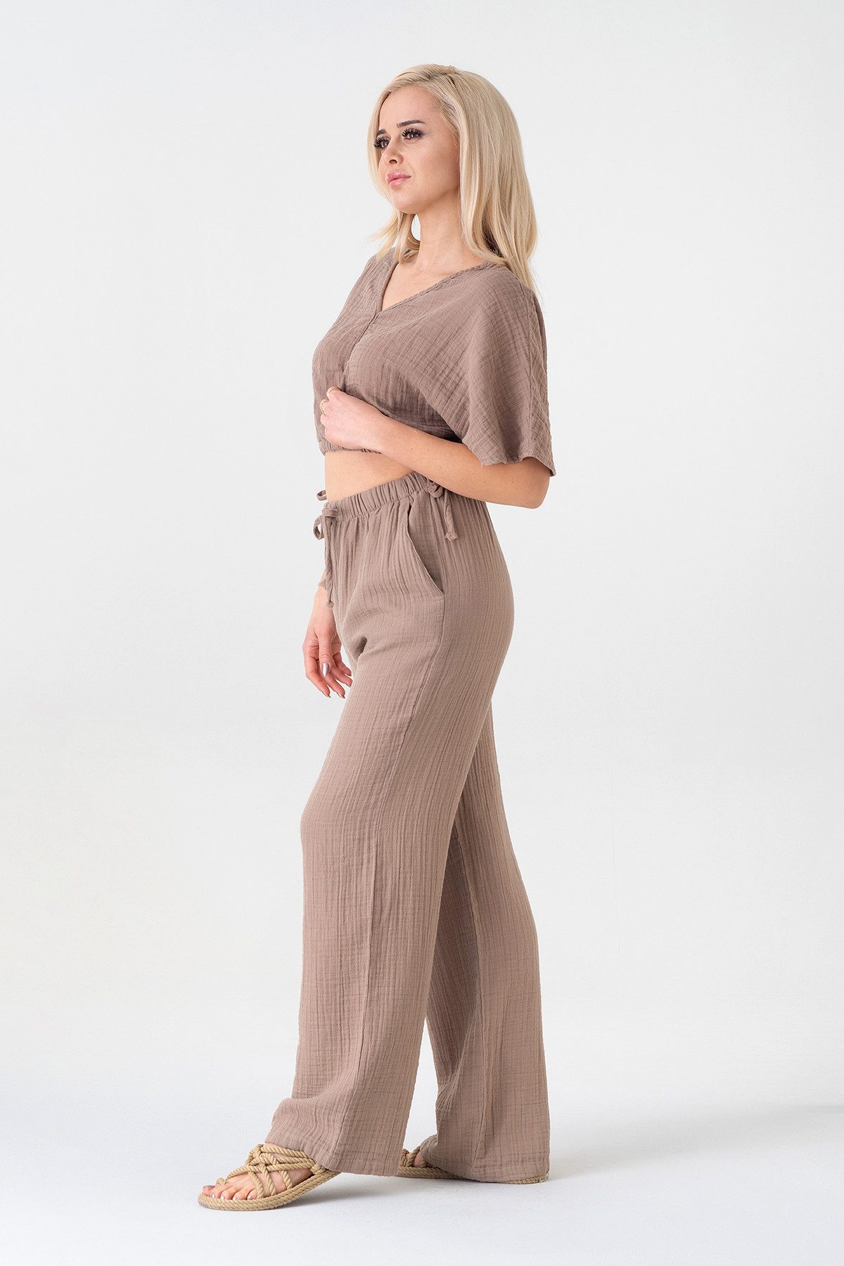 WENOR Palazzohose Damen Musselin-Hose - Sommerhose 100 % Baumwolle, elastischer Bund Weiter Beinverlauf, Musselinstruktur, luftiger Schnitt