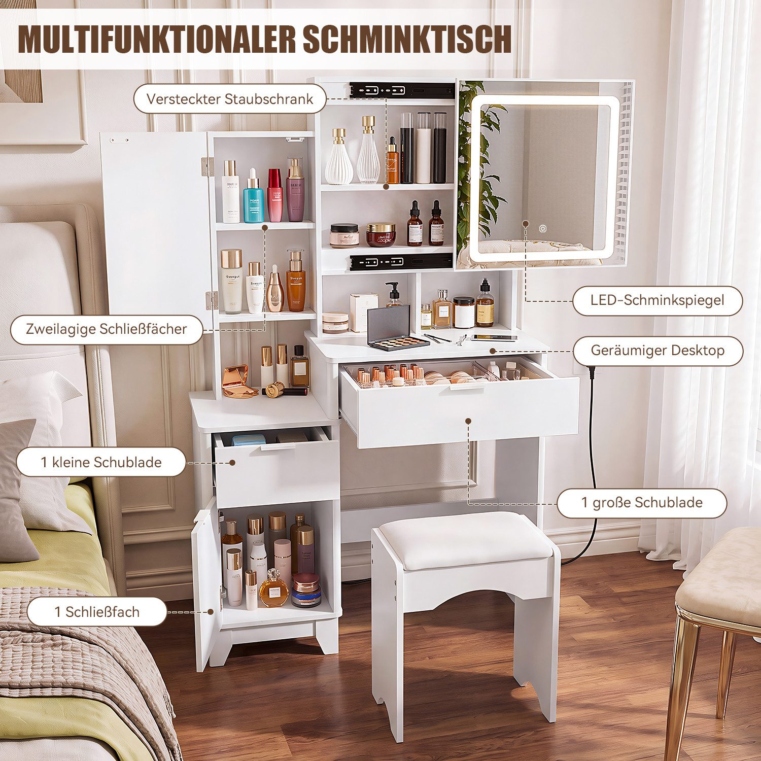 oyajia Schminktisch mit Spiegel und Hocker, 2 Schubladen, 80 x 36x 135cm (Kosmetiktisch mit LED-Beleuchtung und Schiebespiegel), 3 Lichtfarben,1 Seitenschrank, viel Stauraum, pflegeleicht